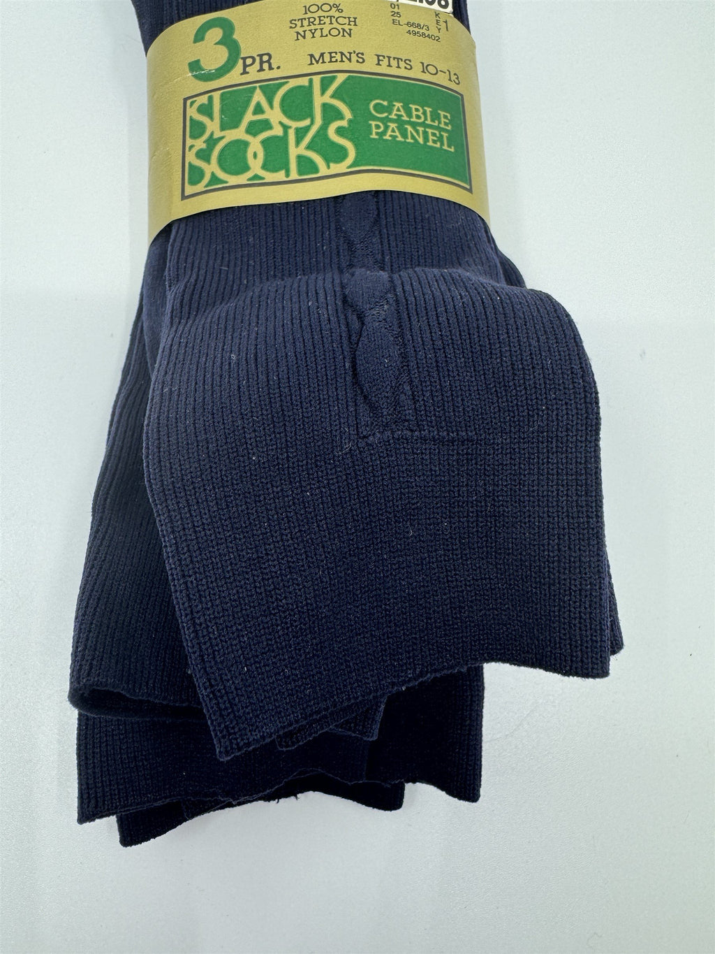 Vintage Kmart 3pk 100% Stretch Nylon Navy Blue Cable Panel Dress Socks 10-13 NOS