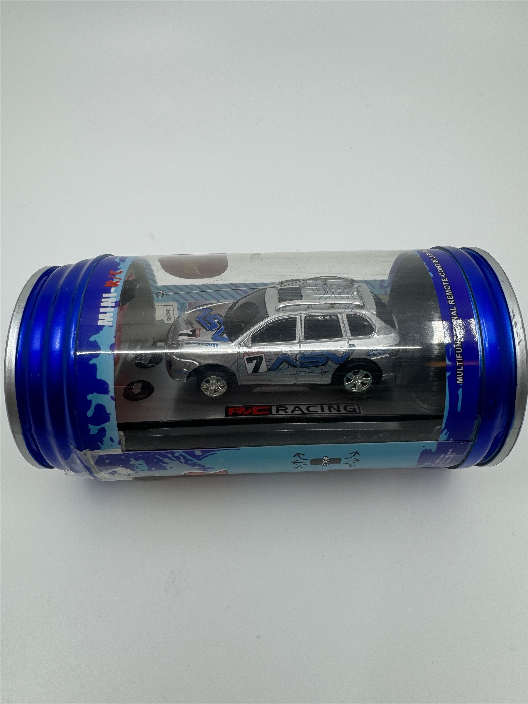 Mini Racer Remote Controlled Race Car RC Soda Can Race Car Silver/Blue NEW