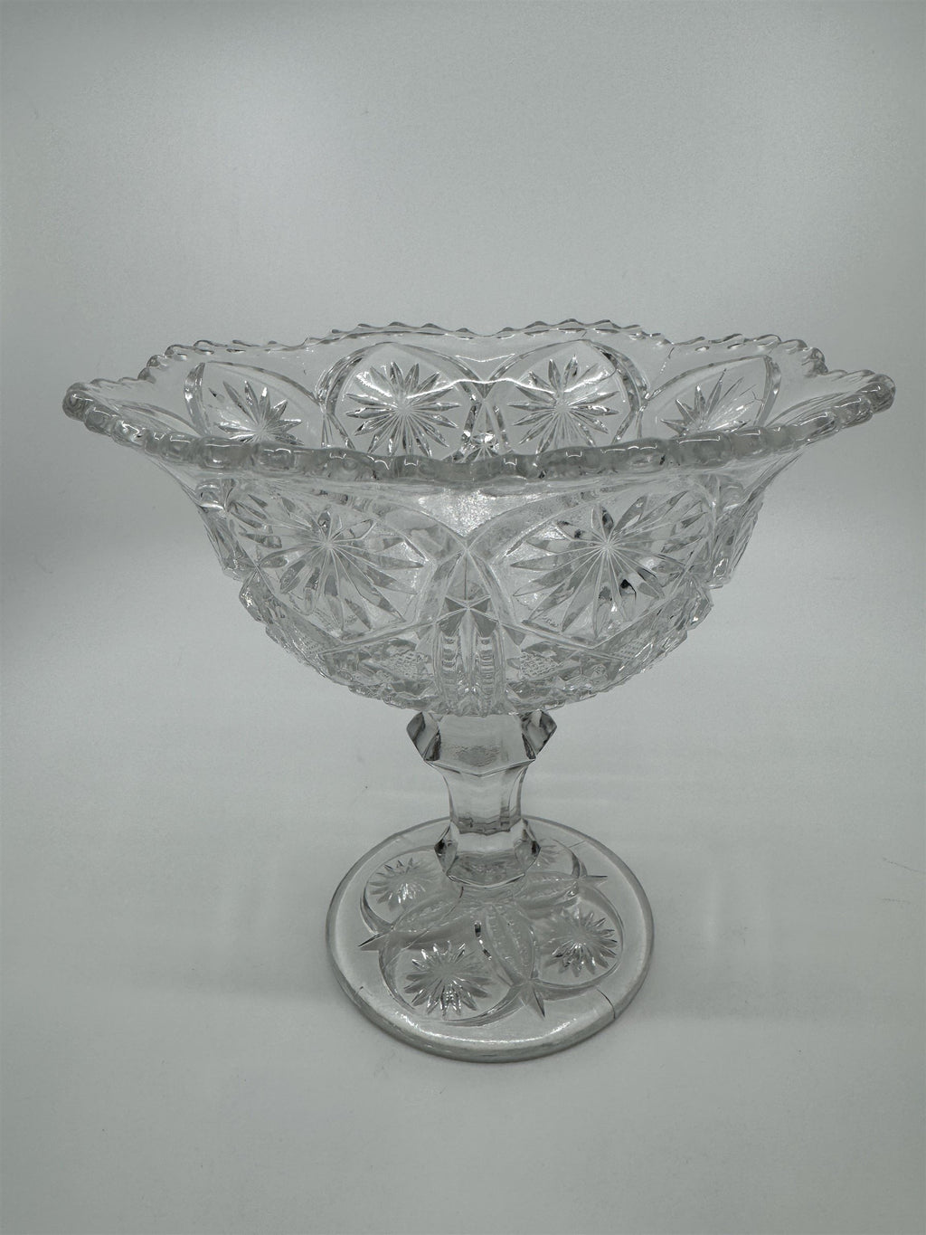 Vintage Clear Pressed Glass Pedestal Candy Bowl Compote Dish Starbursts Pattern