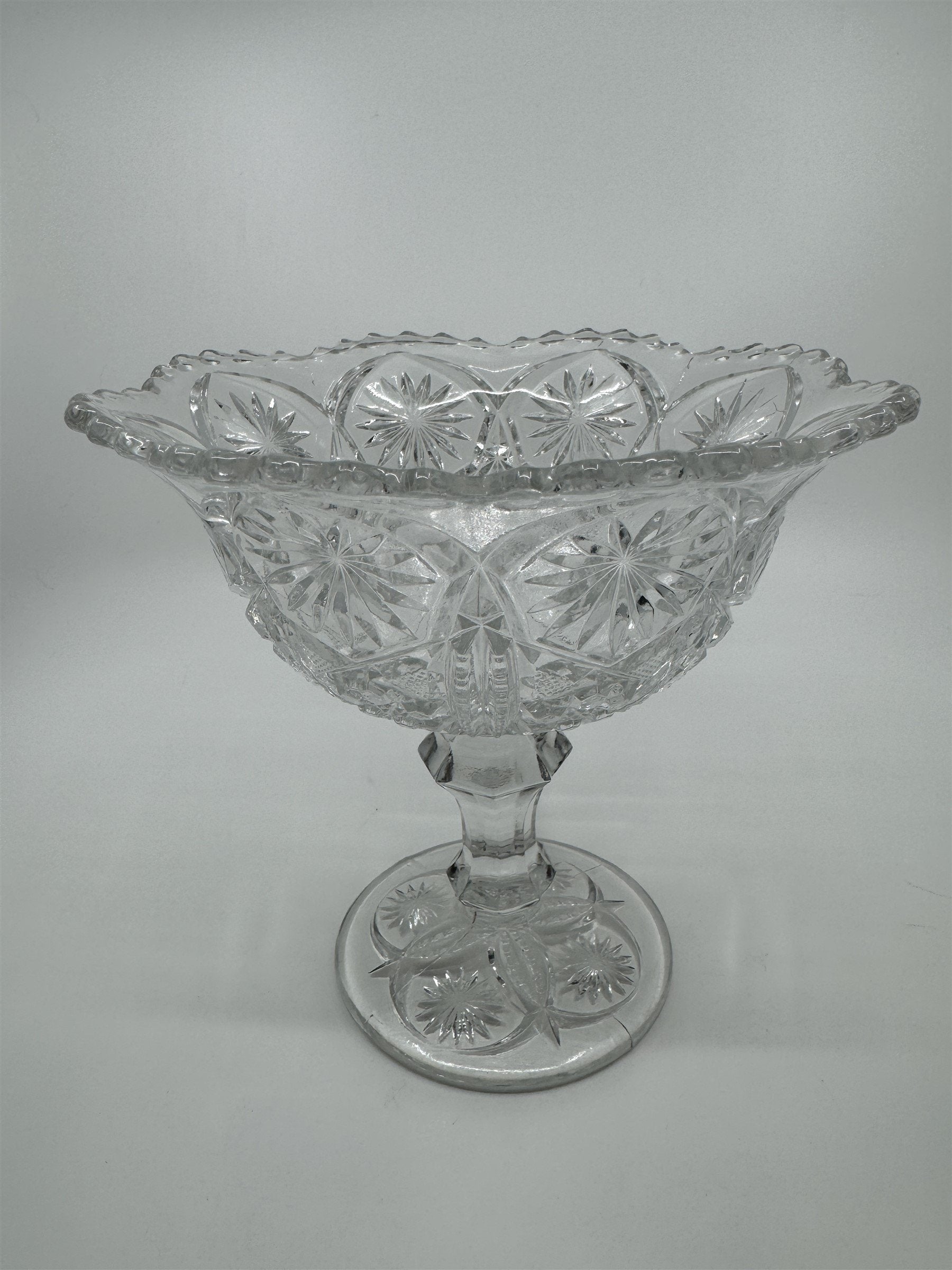 Vintage Clear Pressed Glass Pedestal Candy Bowl Compote Dish Starbursts Pattern