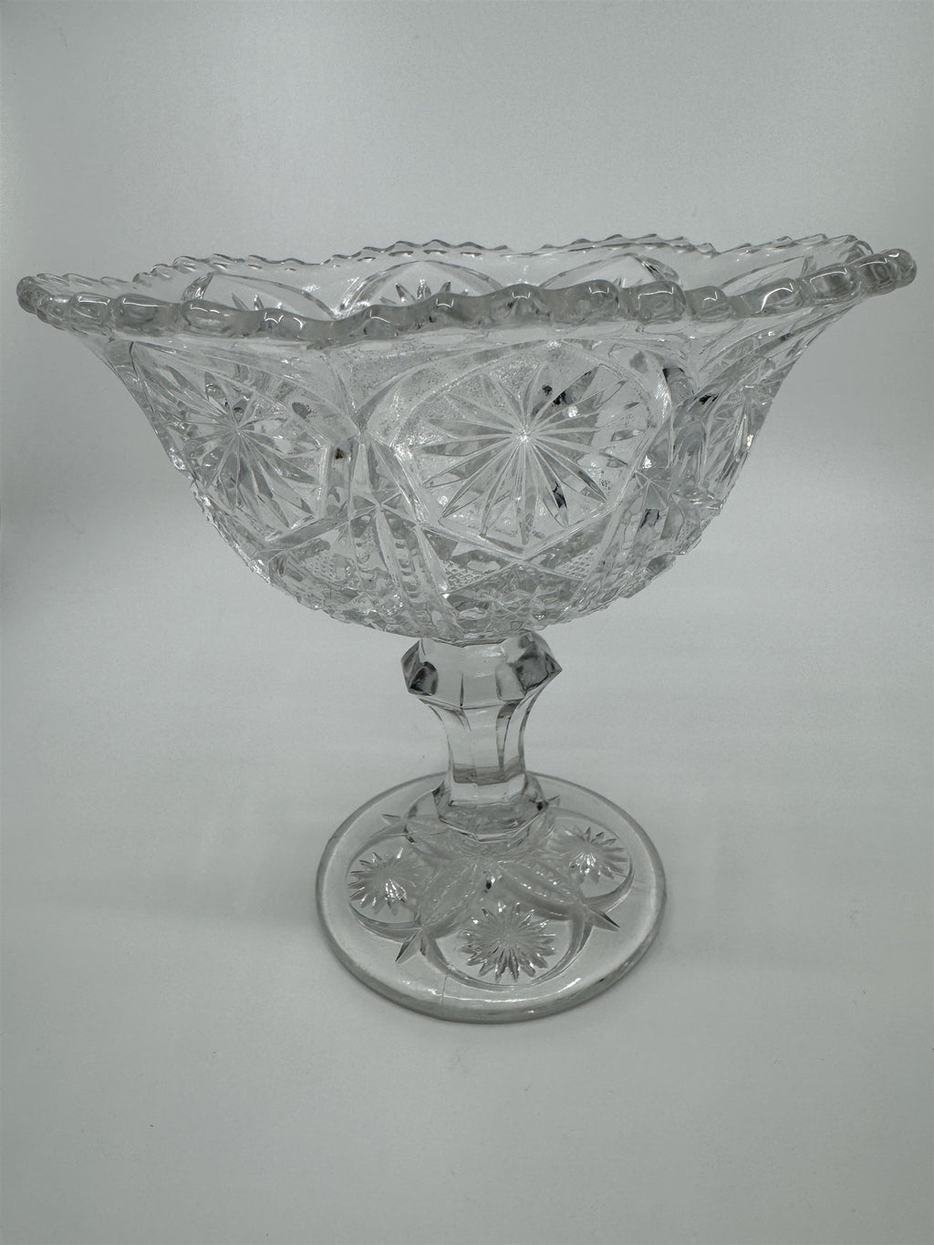 Vintage Clear Pressed Glass Pedestal Candy Bowl Compote Dish Starbursts Pattern