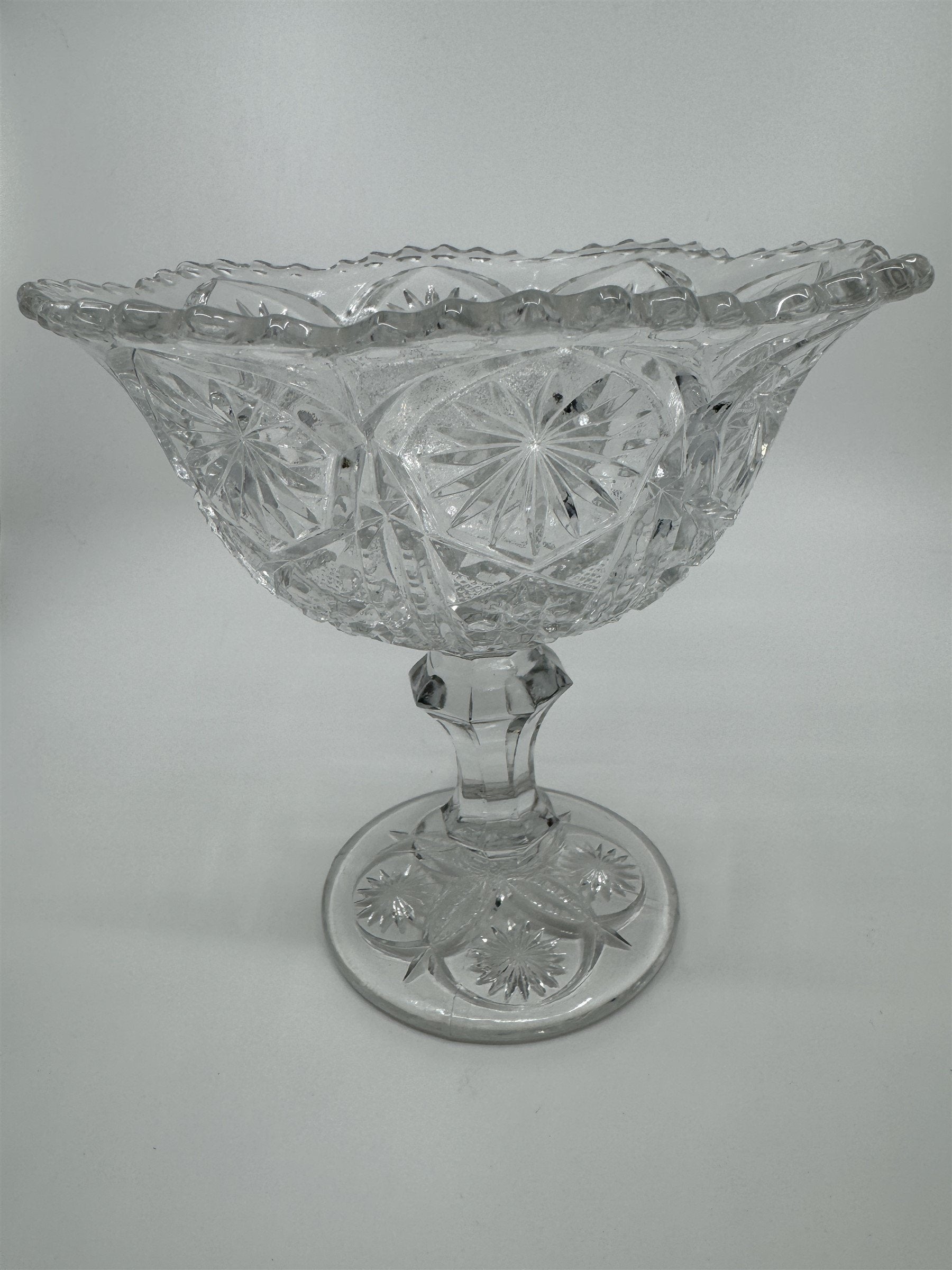 Vintage Clear Pressed Glass Pedestal Candy Bowl Compote Dish Starbursts Pattern