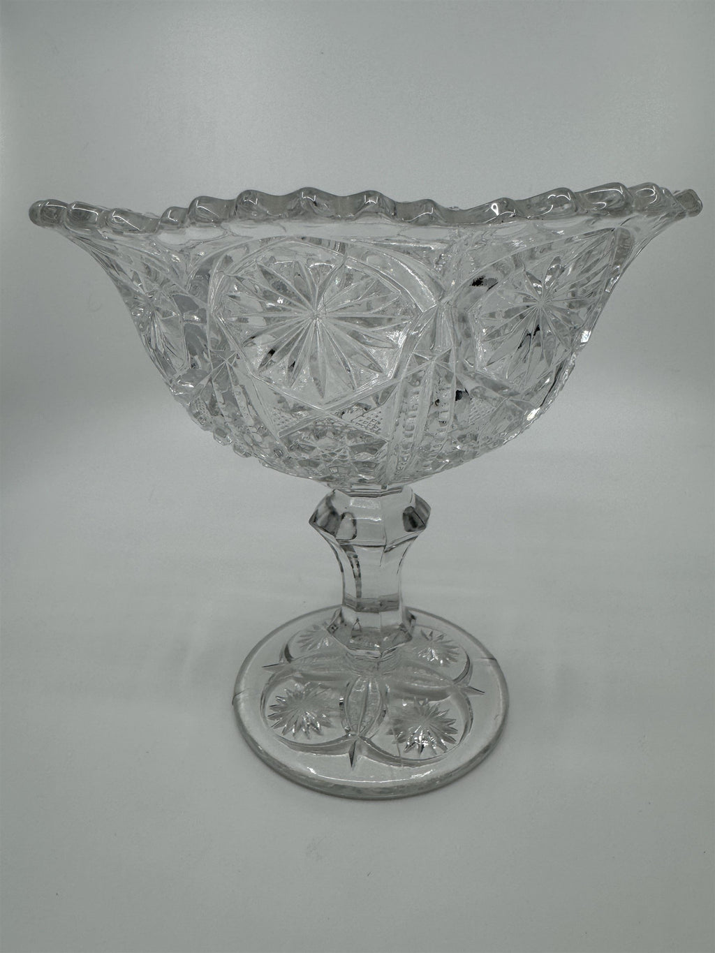 Vintage Clear Pressed Glass Pedestal Candy Bowl Compote Dish Starbursts Pattern