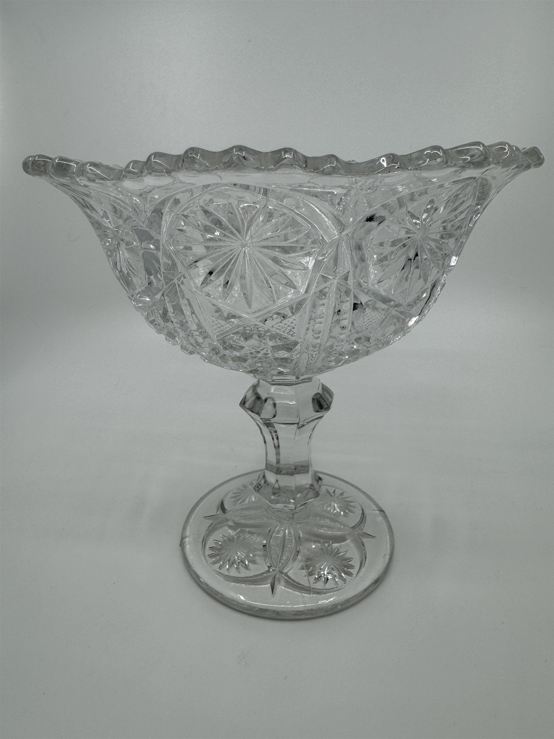 Vintage Clear Pressed Glass Pedestal Candy Bowl Compote Dish Starbursts Pattern