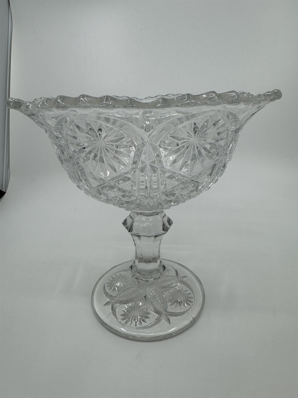 Vintage Clear Pressed Glass Pedestal Candy Bowl Compote Dish Starbursts Pattern