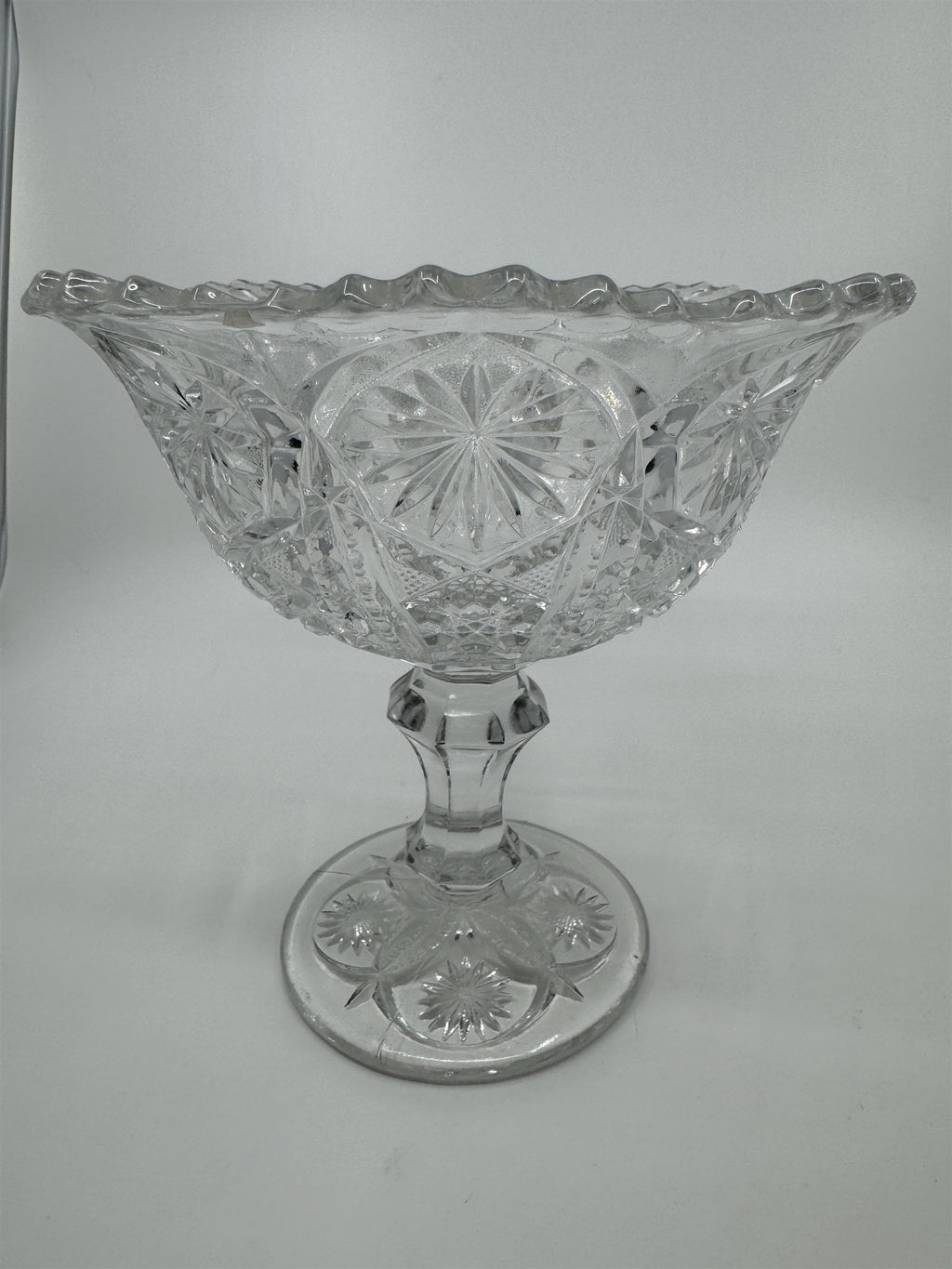 Vintage Clear Pressed Glass Pedestal Candy Bowl Compote Dish Starbursts Pattern