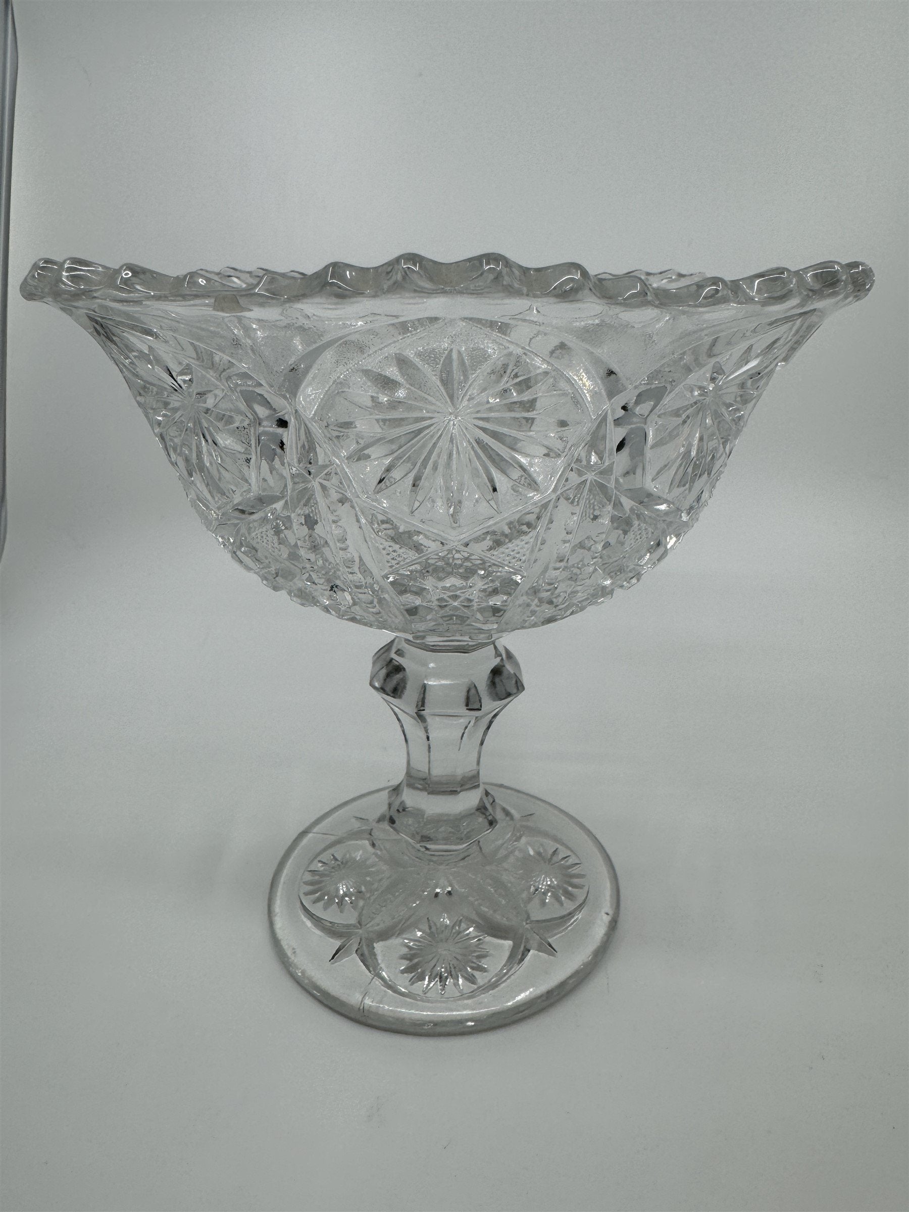 Vintage Clear Pressed Glass Pedestal Candy Bowl Compote Dish Starbursts Pattern