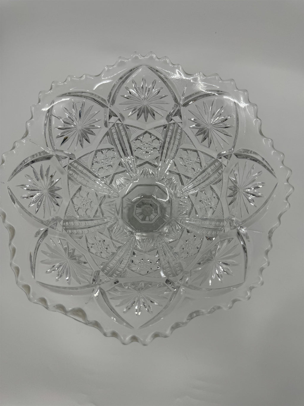 Vintage Clear Pressed Glass Pedestal Candy Bowl Compote Dish Starbursts Pattern