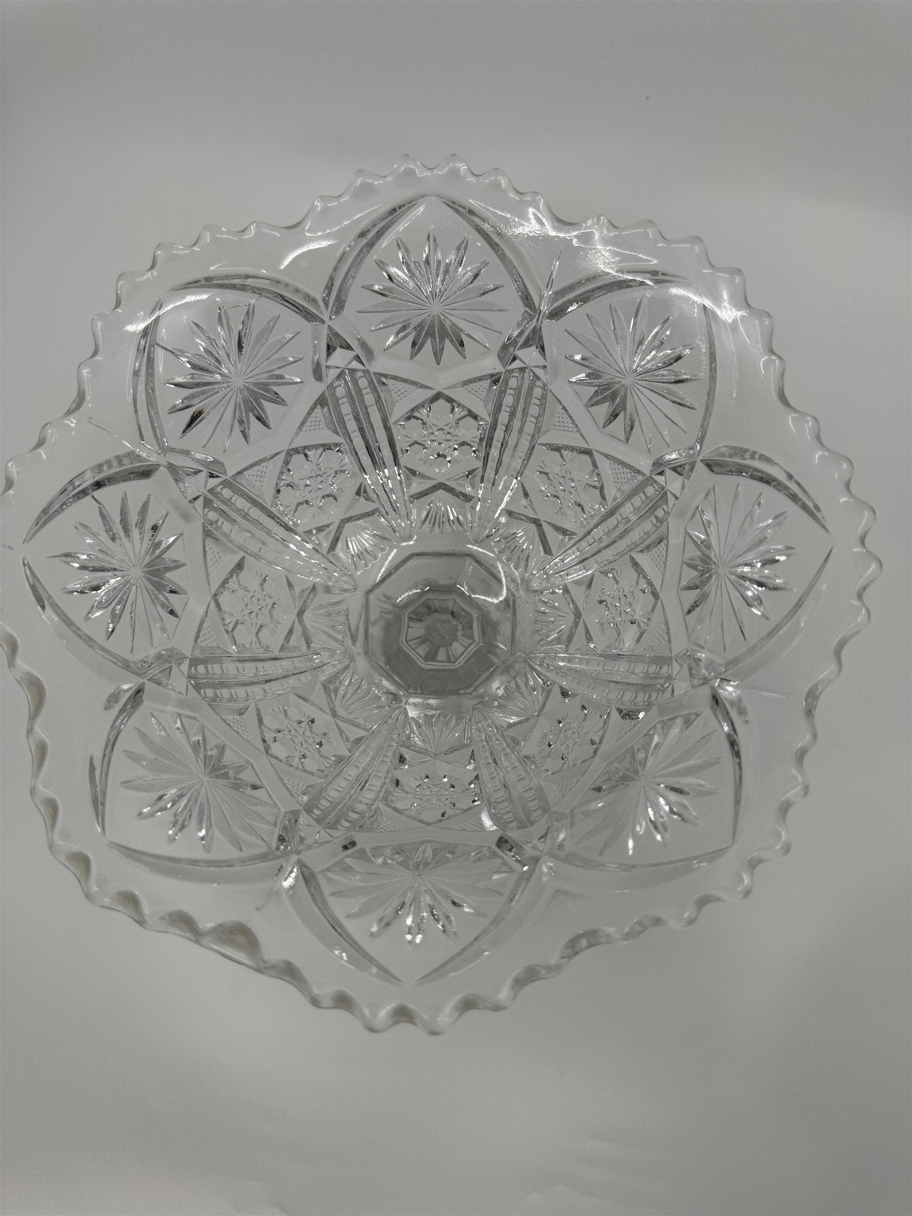 Vintage Clear Pressed Glass Pedestal Candy Bowl Compote Dish Starbursts Pattern