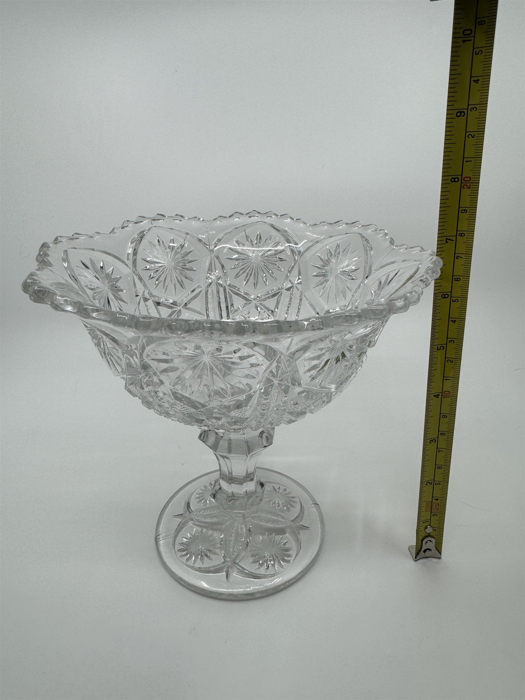 Vintage Clear Pressed Glass Pedestal Candy Bowl Compote Dish Starbursts Pattern
