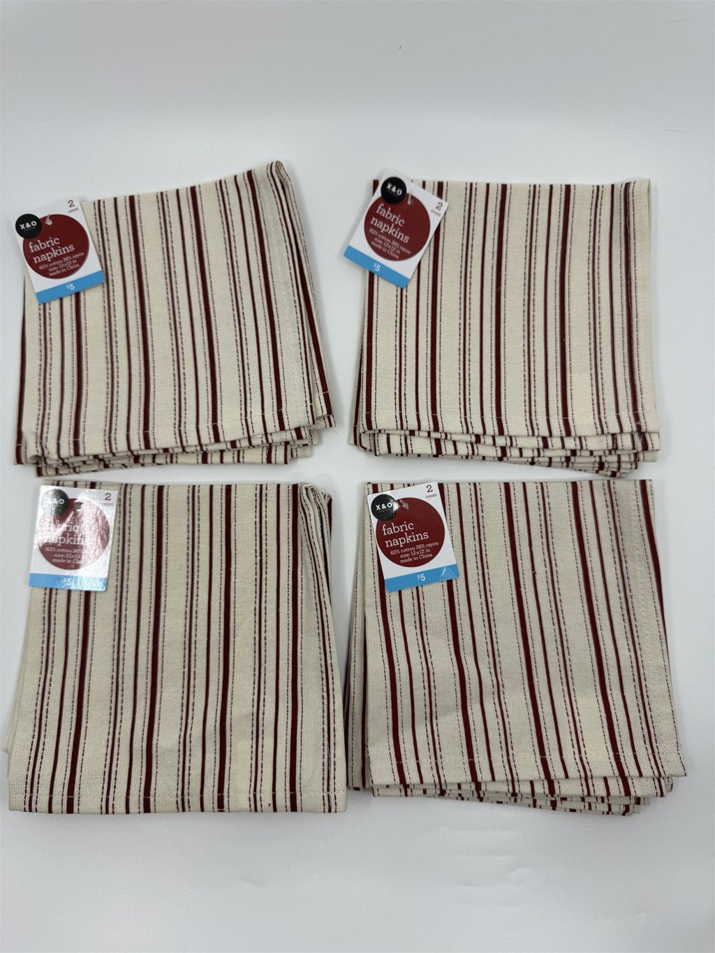 Set of 8 X&O Striped Cloth Napkins 12x12 Dinner Napkins Cotton/Rayon NEW