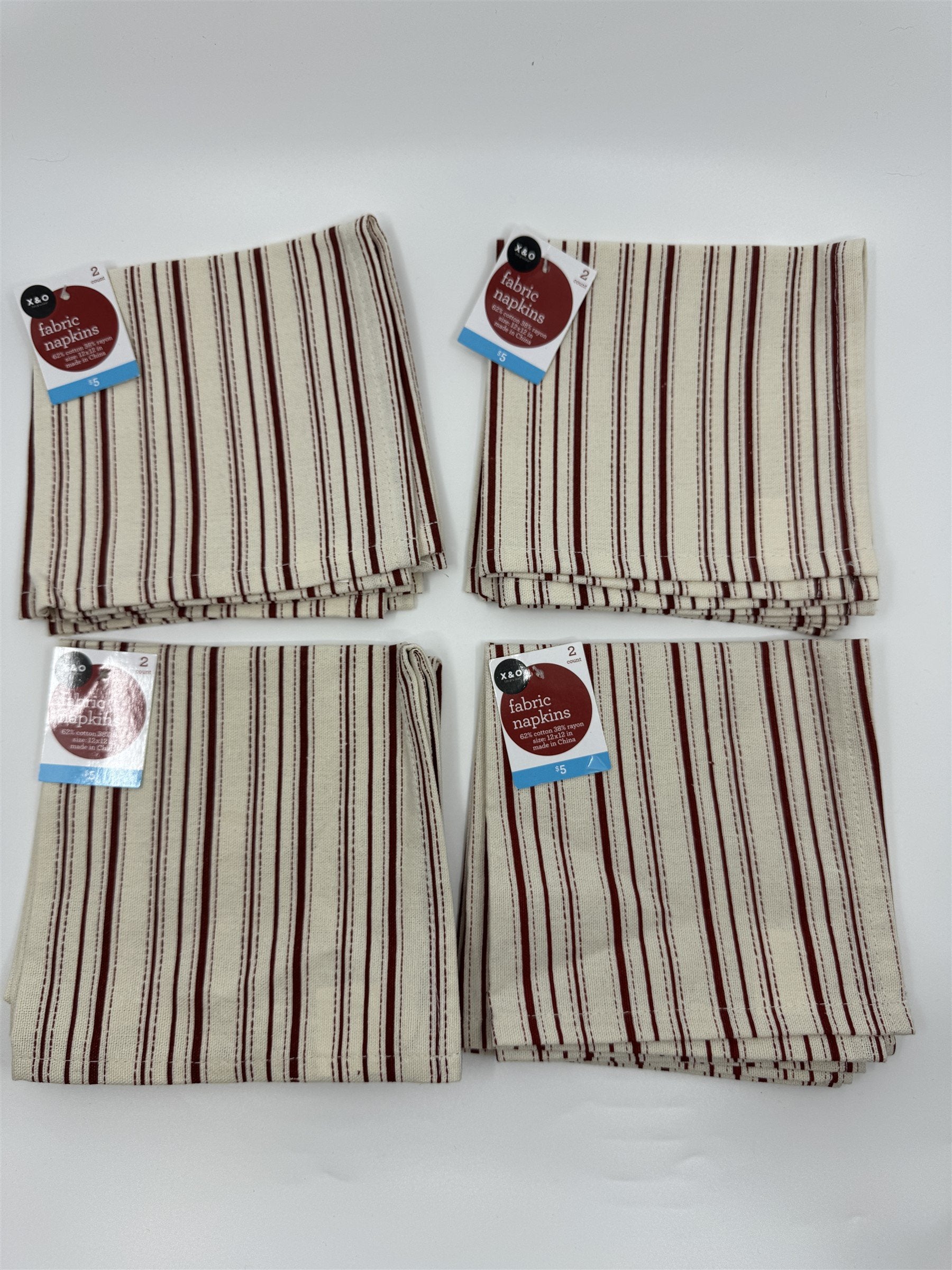Set of 8 X&O Striped Cloth Napkins 12x12 Dinner Napkins Cotton/Rayon NEW