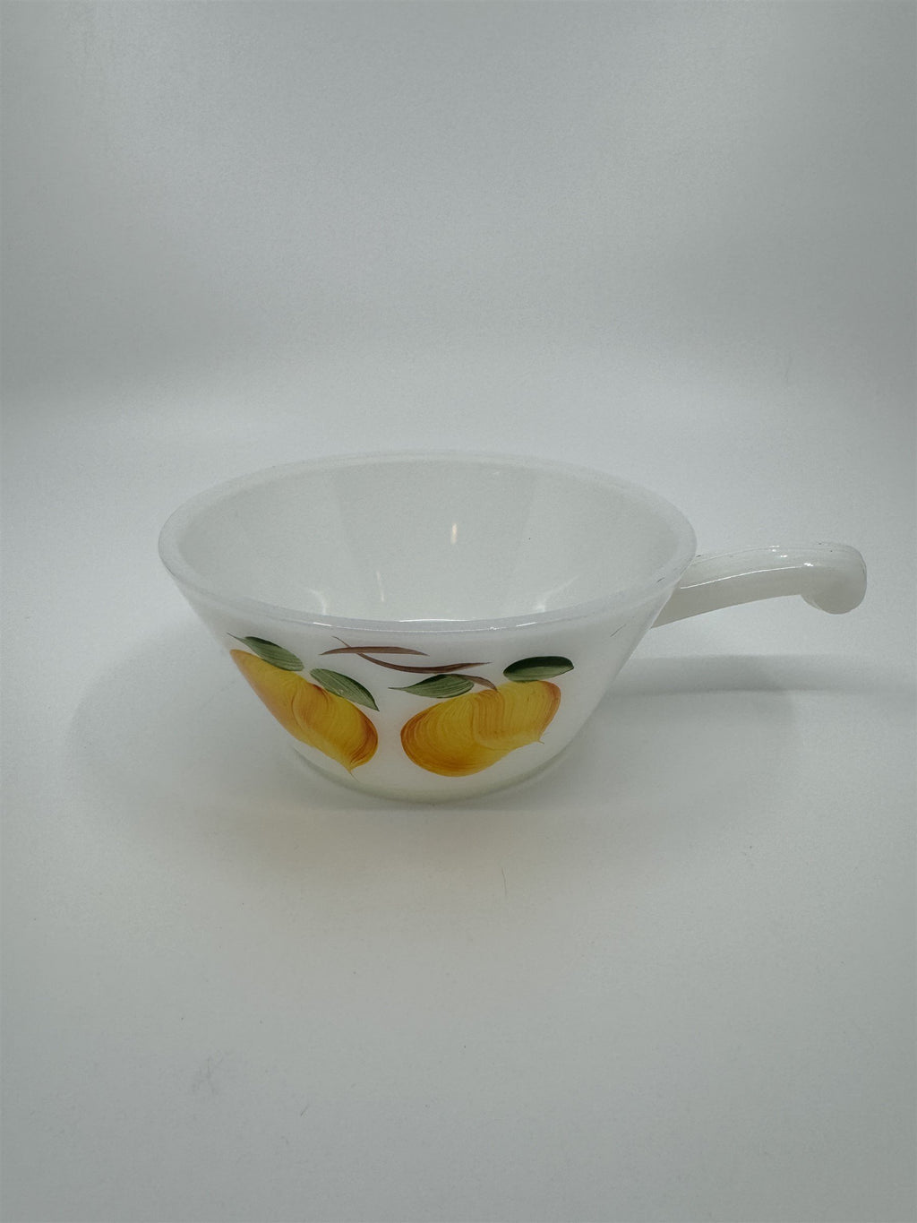 Vintage Anchor Hocking White Milk Glass Hand Painted Peaches Handled Bowl Fruit