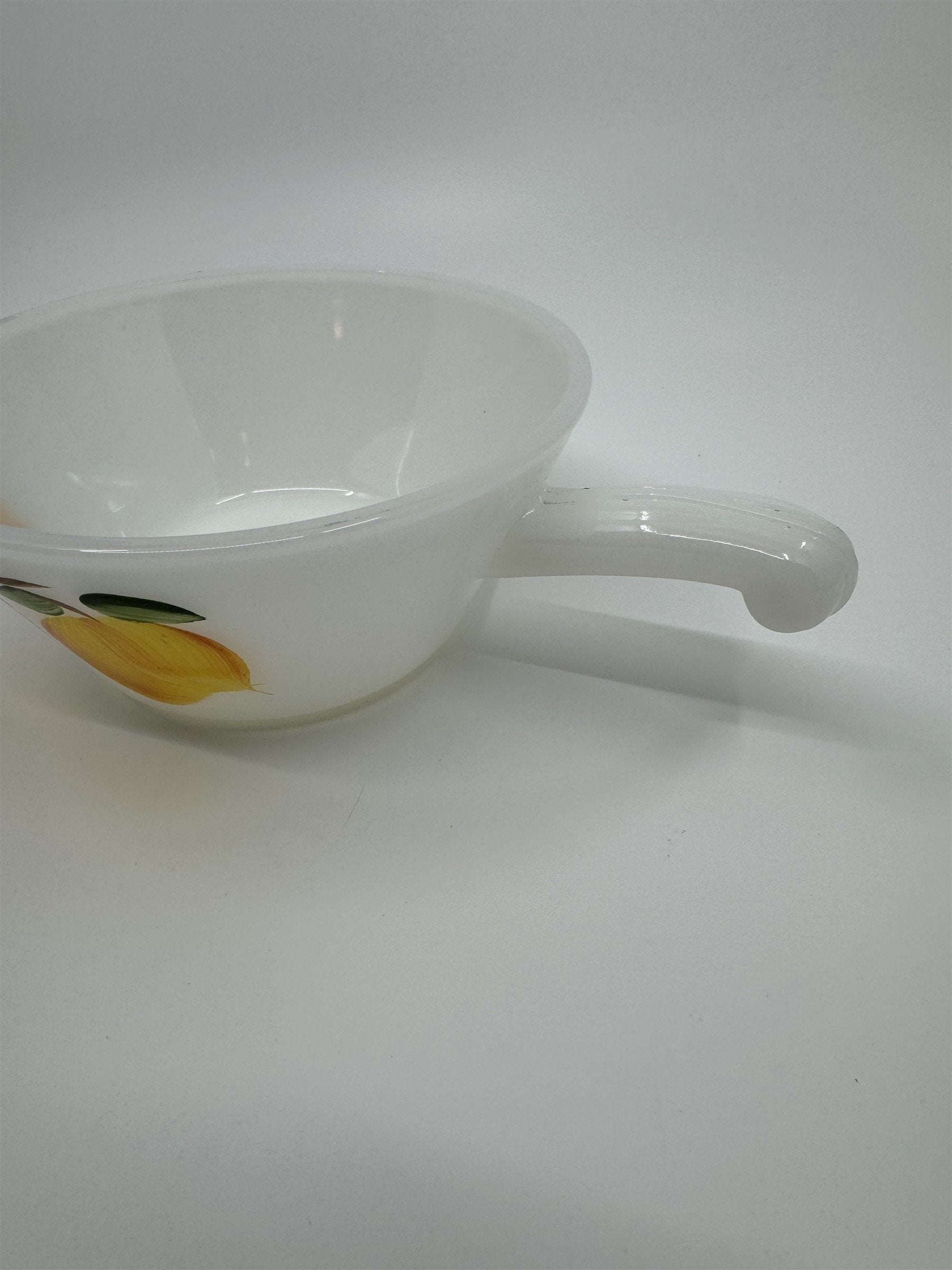 Vintage Anchor Hocking White Milk Glass Hand Painted Peaches Handled Bowl Fruit
