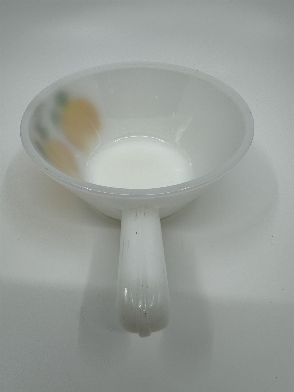 Vintage Anchor Hocking White Milk Glass Hand Painted Peaches Handled Bowl Fruit