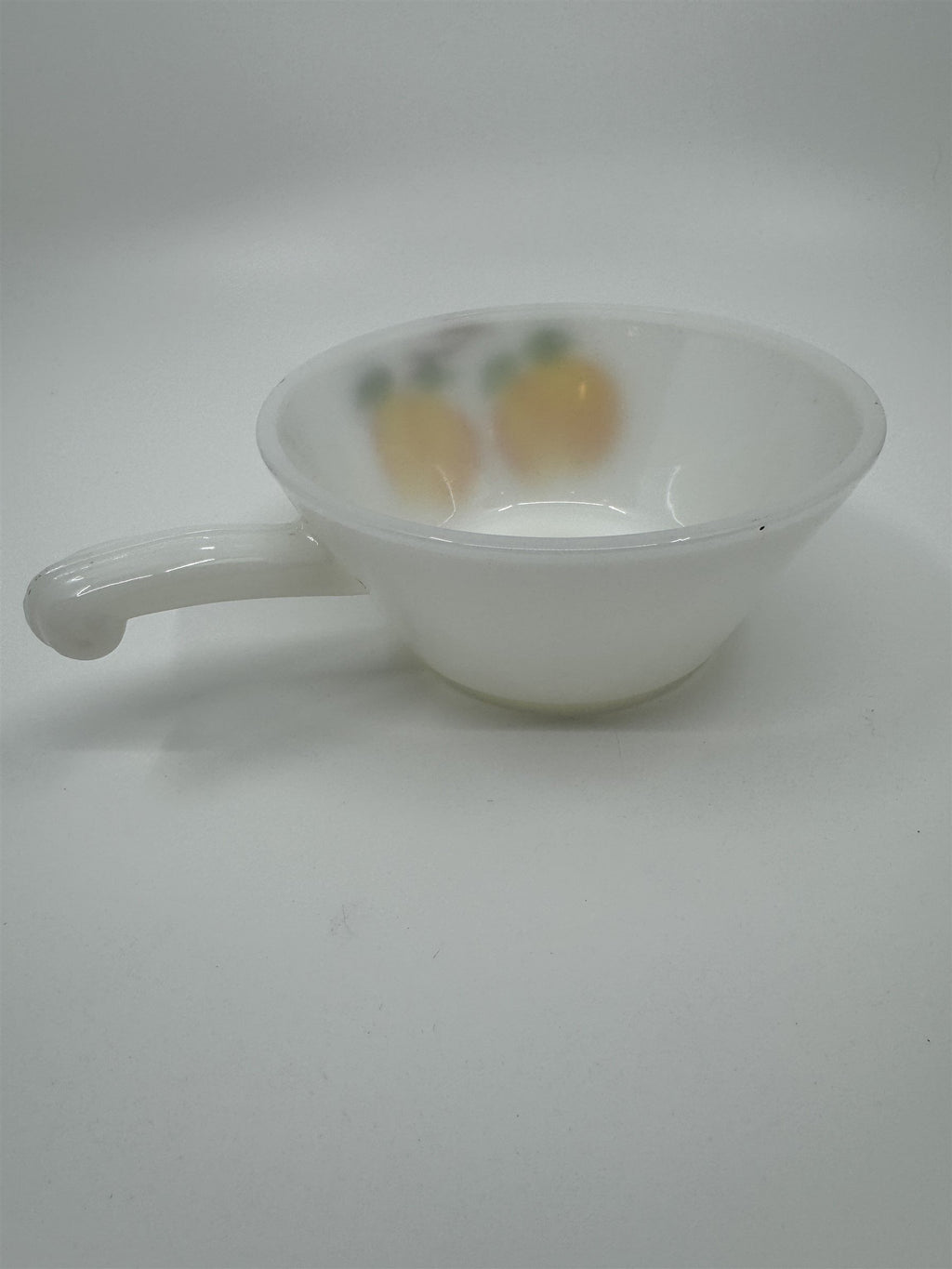 Vintage Anchor Hocking White Milk Glass Hand Painted Peaches Handled Bowl Fruit
