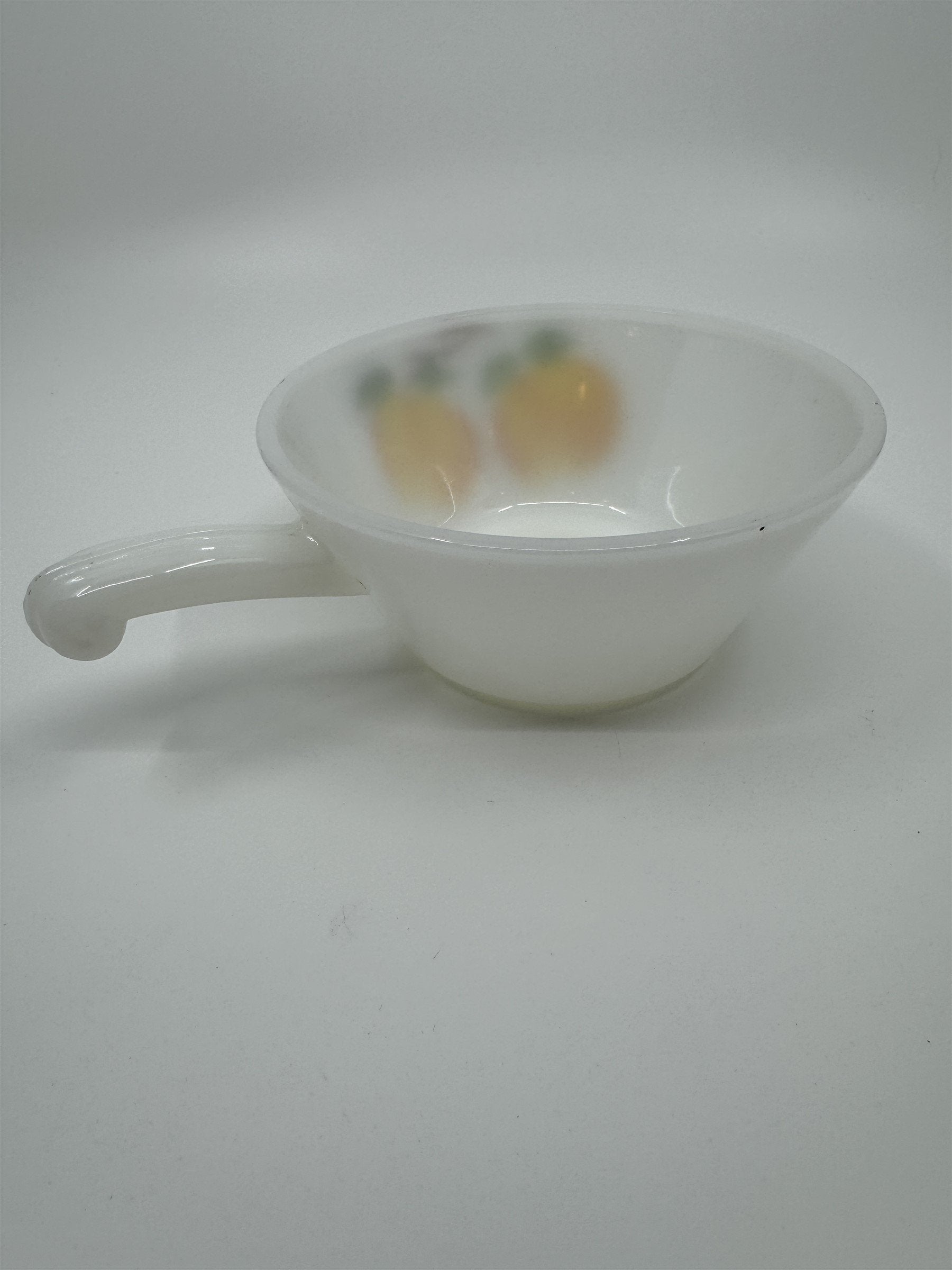 Vintage Anchor Hocking White Milk Glass Hand Painted Peaches Handled Bowl Fruit