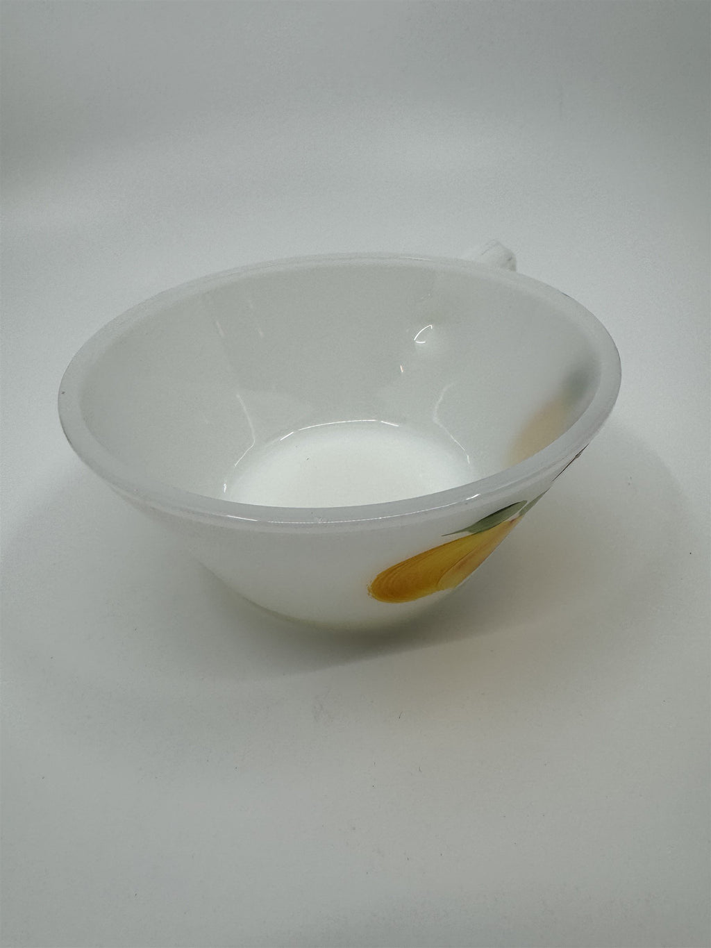 Vintage Anchor Hocking White Milk Glass Hand Painted Peaches Handled Bowl Fruit