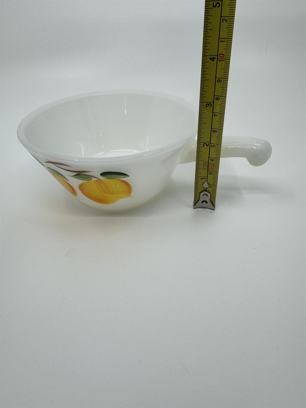 Vintage Anchor Hocking White Milk Glass Hand Painted Peaches Handled Bowl Fruit