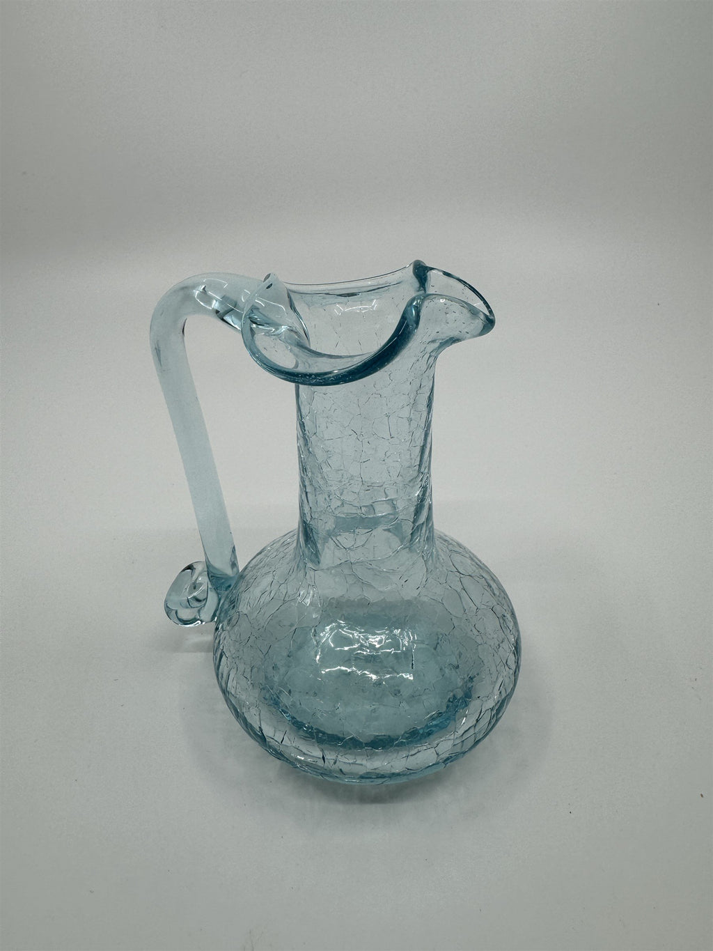 Vintage MCM Art Studio Small Blue Crackle Glass Ruffled Vase/Pitcher/Creamer