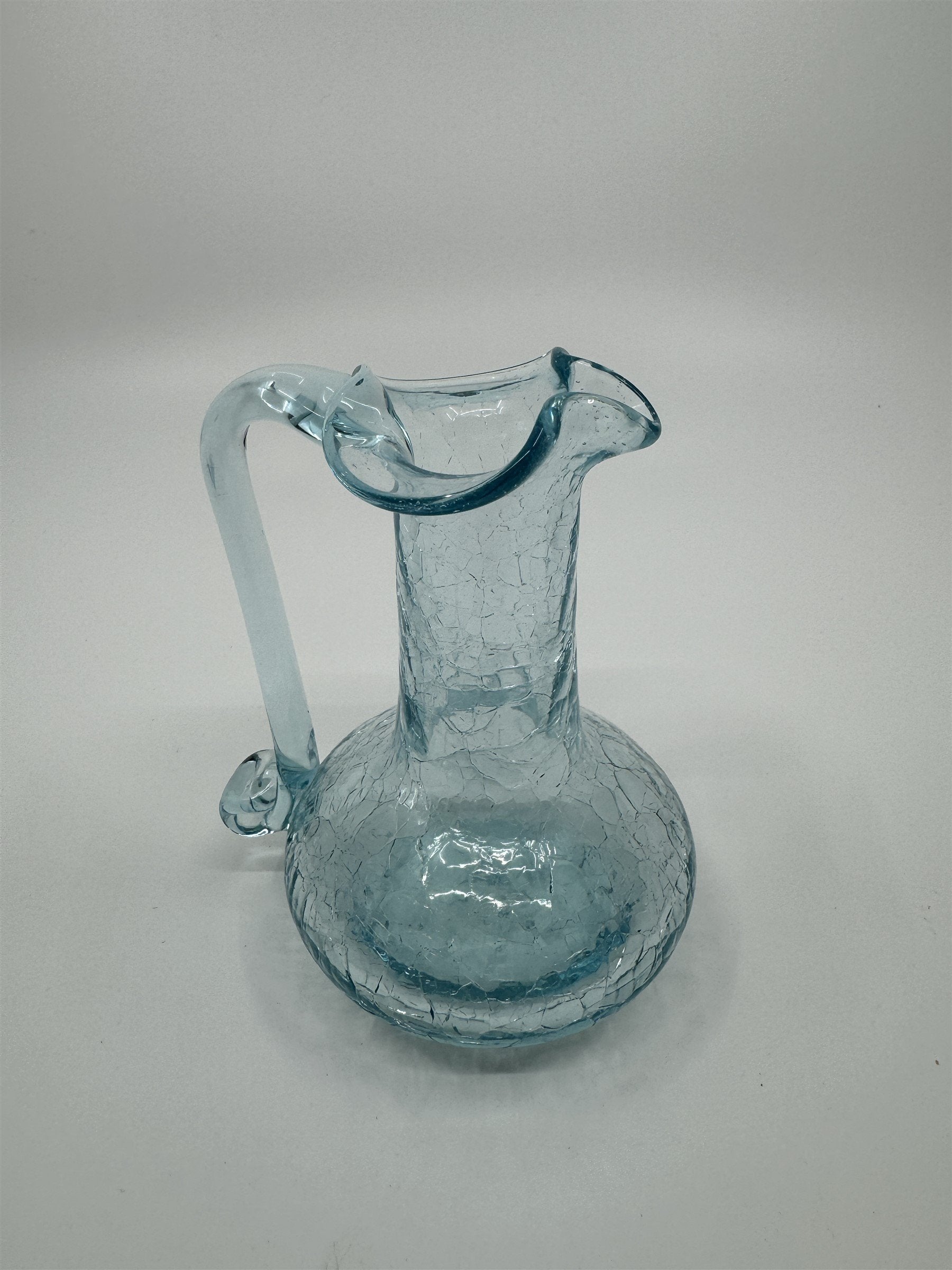 Vintage MCM Art Studio Small Blue Crackle Glass Ruffled Vase/Pitcher/Creamer