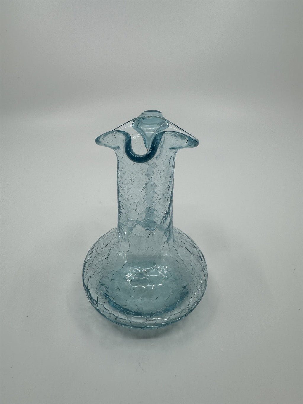 Vintage MCM Art Studio Small Blue Crackle Glass Ruffled Vase/Pitcher/Creamer