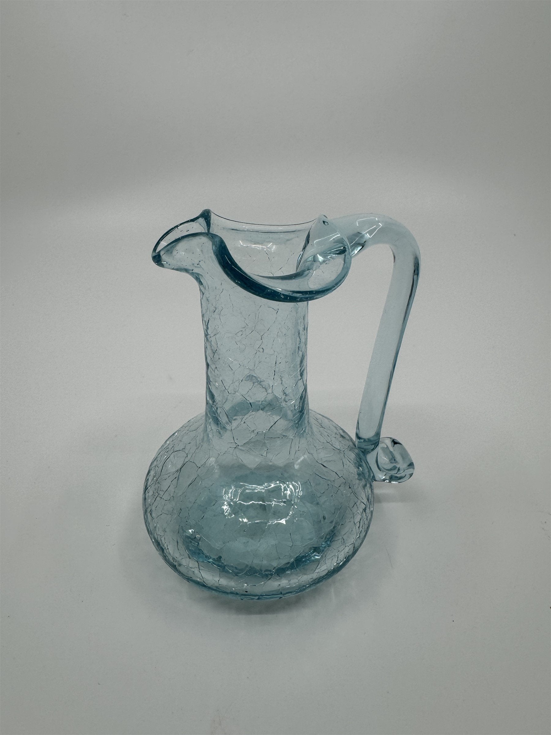 Vintage MCM Art Studio Small Blue Crackle Glass Ruffled Vase/Pitcher/Creamer