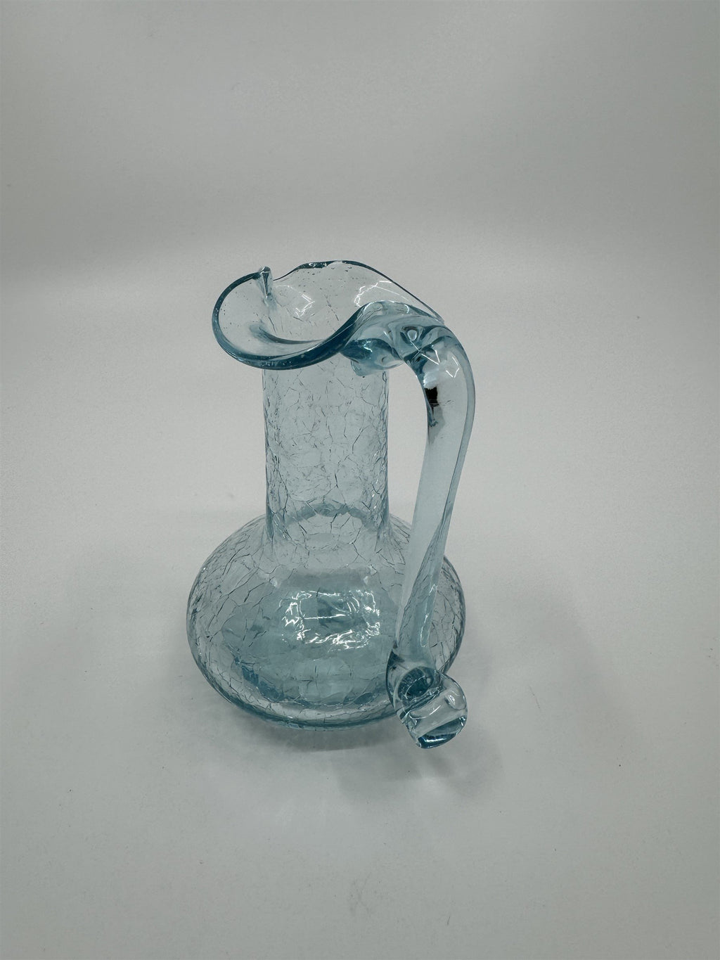 Vintage MCM Art Studio Small Blue Crackle Glass Ruffled Vase/Pitcher/Creamer