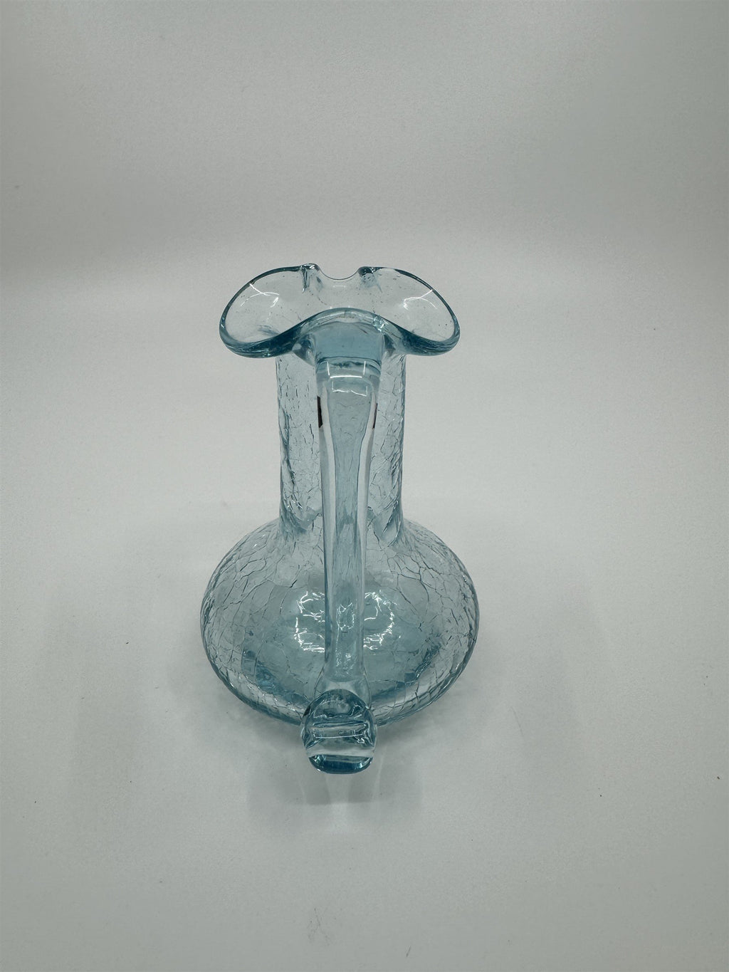 Vintage MCM Art Studio Small Blue Crackle Glass Ruffled Vase/Pitcher/Creamer