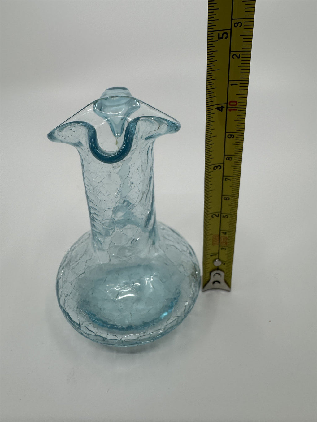 Vintage MCM Art Studio Small Blue Crackle Glass Ruffled Vase/Pitcher/Creamer
