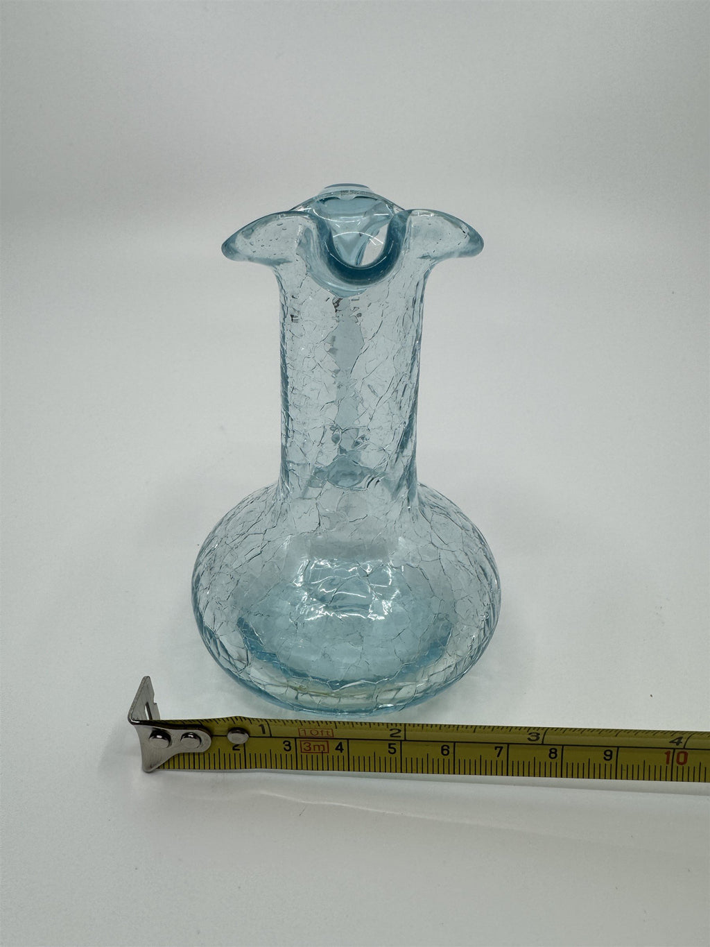 Vintage MCM Art Studio Small Blue Crackle Glass Ruffled Vase/Pitcher/Creamer