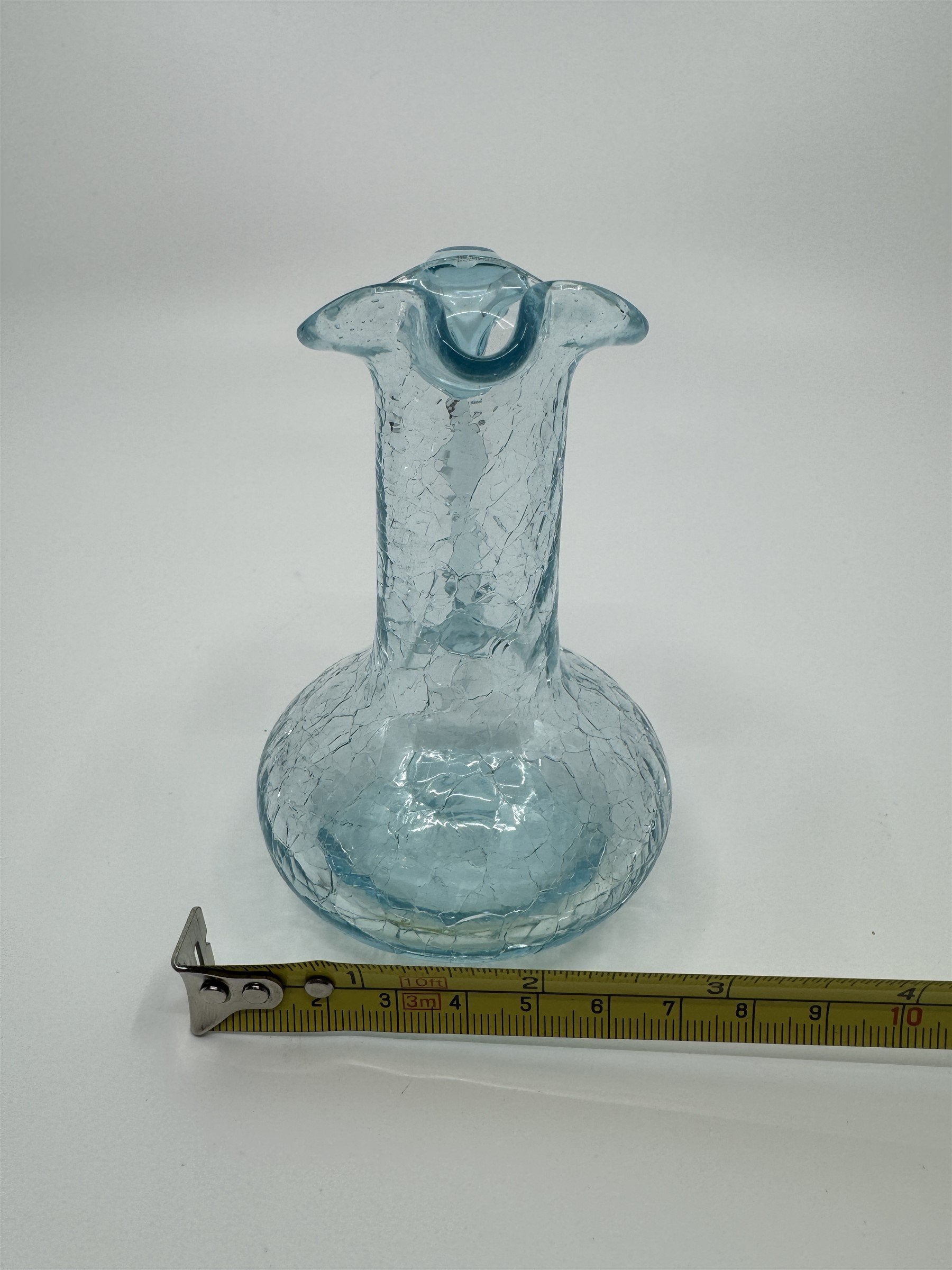 Vintage MCM Art Studio Small Blue Crackle Glass Ruffled Vase/Pitcher/Creamer