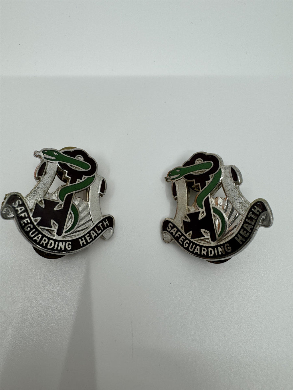 Set of 2 Vintage Military "Safeguarding Health" Pins /w Snake and Key Militaria