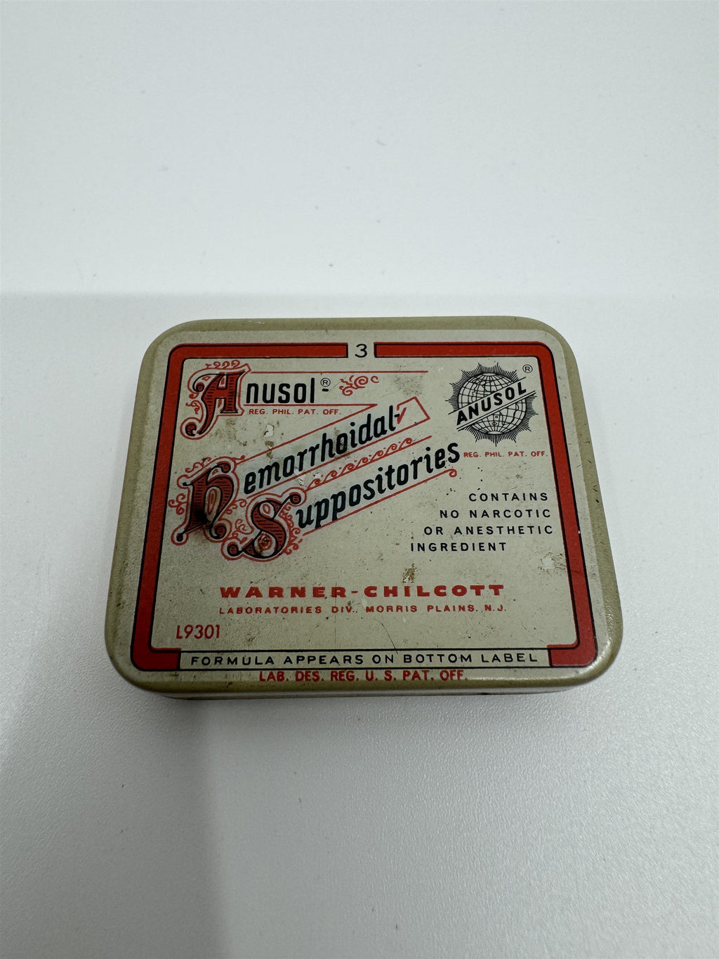 Vintage Anusol Hemorrhoidal Suppositories Tin Medicine Box Physician's Sample US