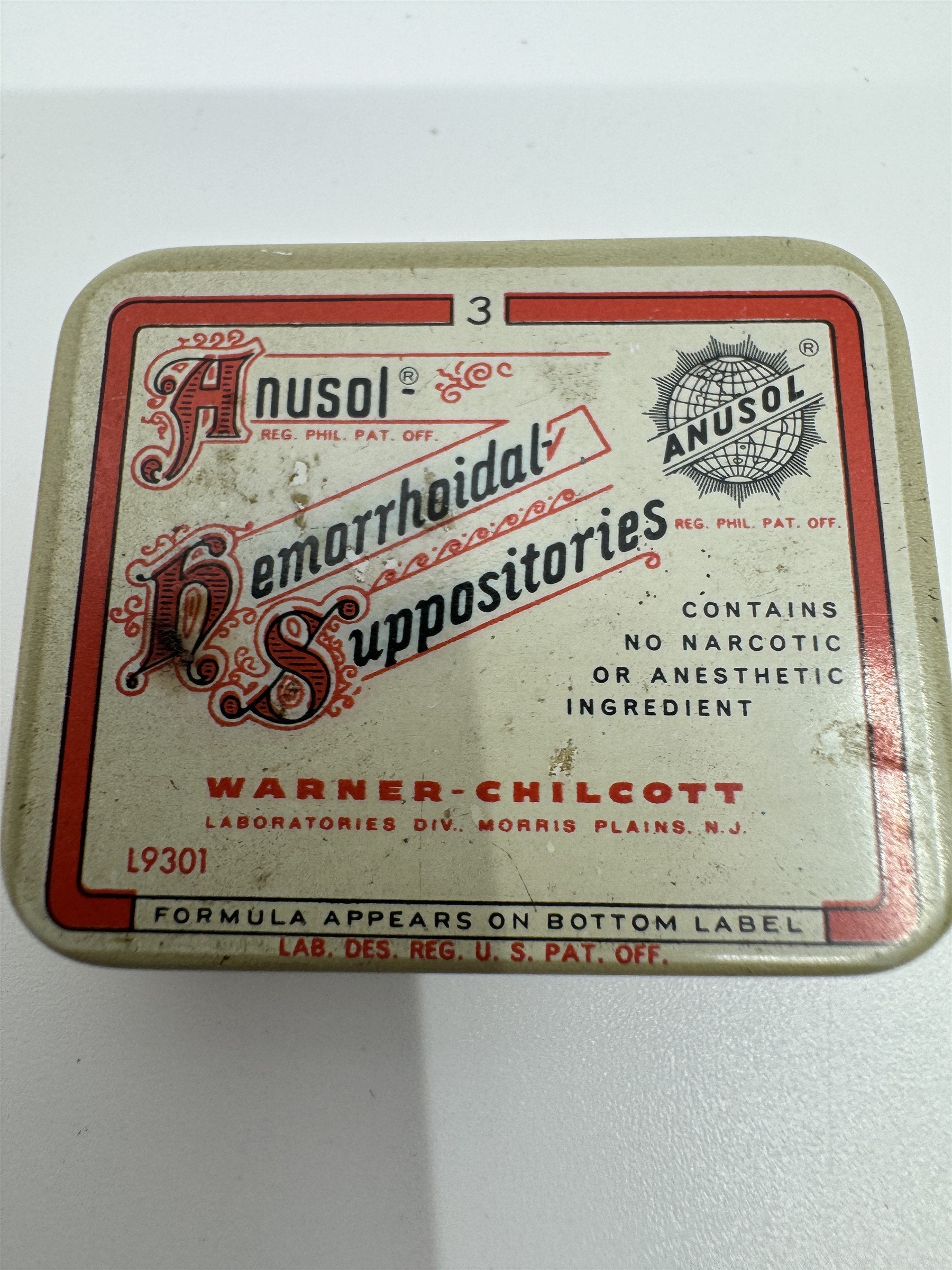 Vintage Anusol Hemorrhoidal Suppositories Tin Medicine Box Physician's Sample US