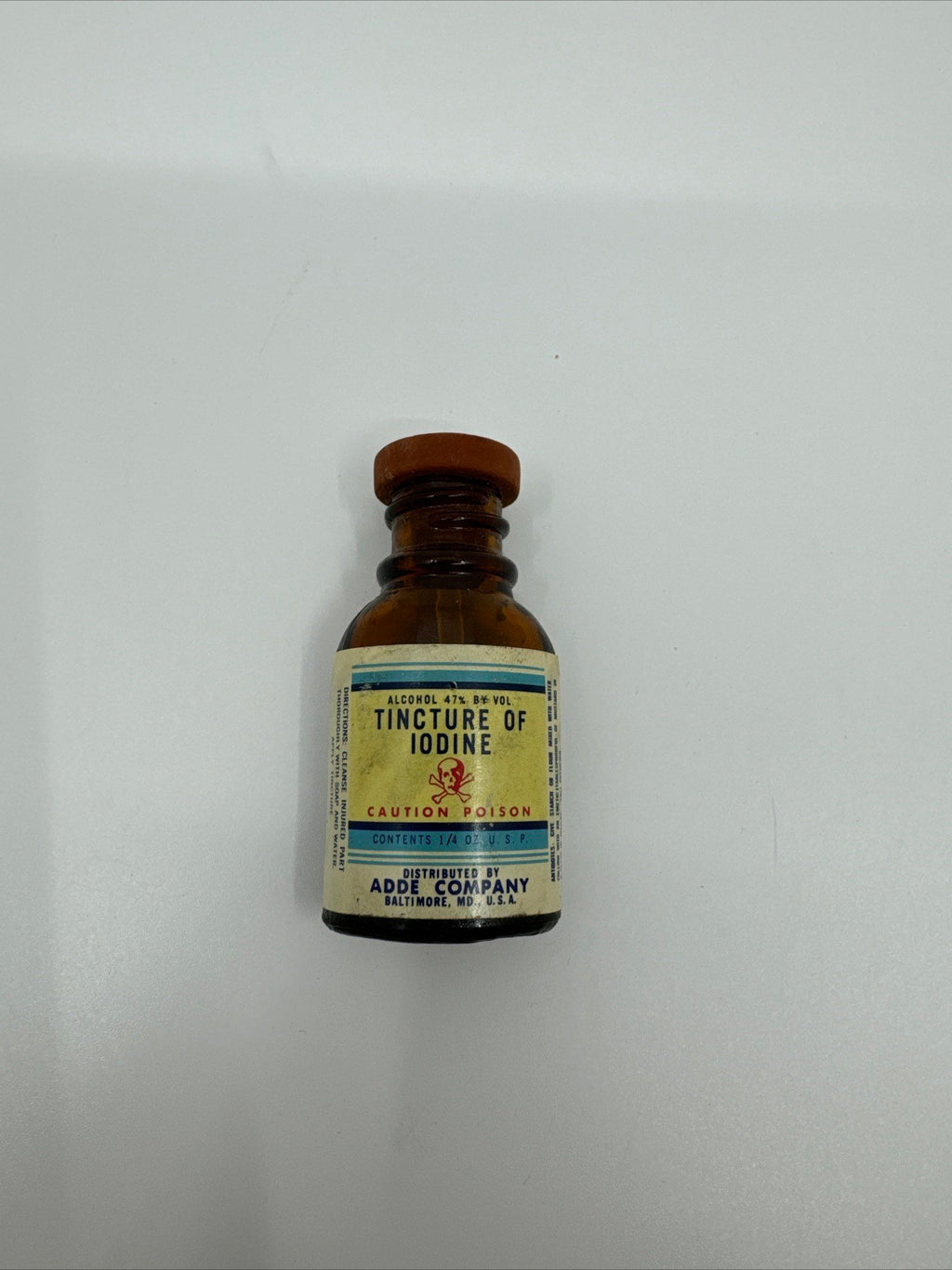 Vintage Tincture of Iodine Bottle Skull and Crossbones ADDE CO. Baltimore MD