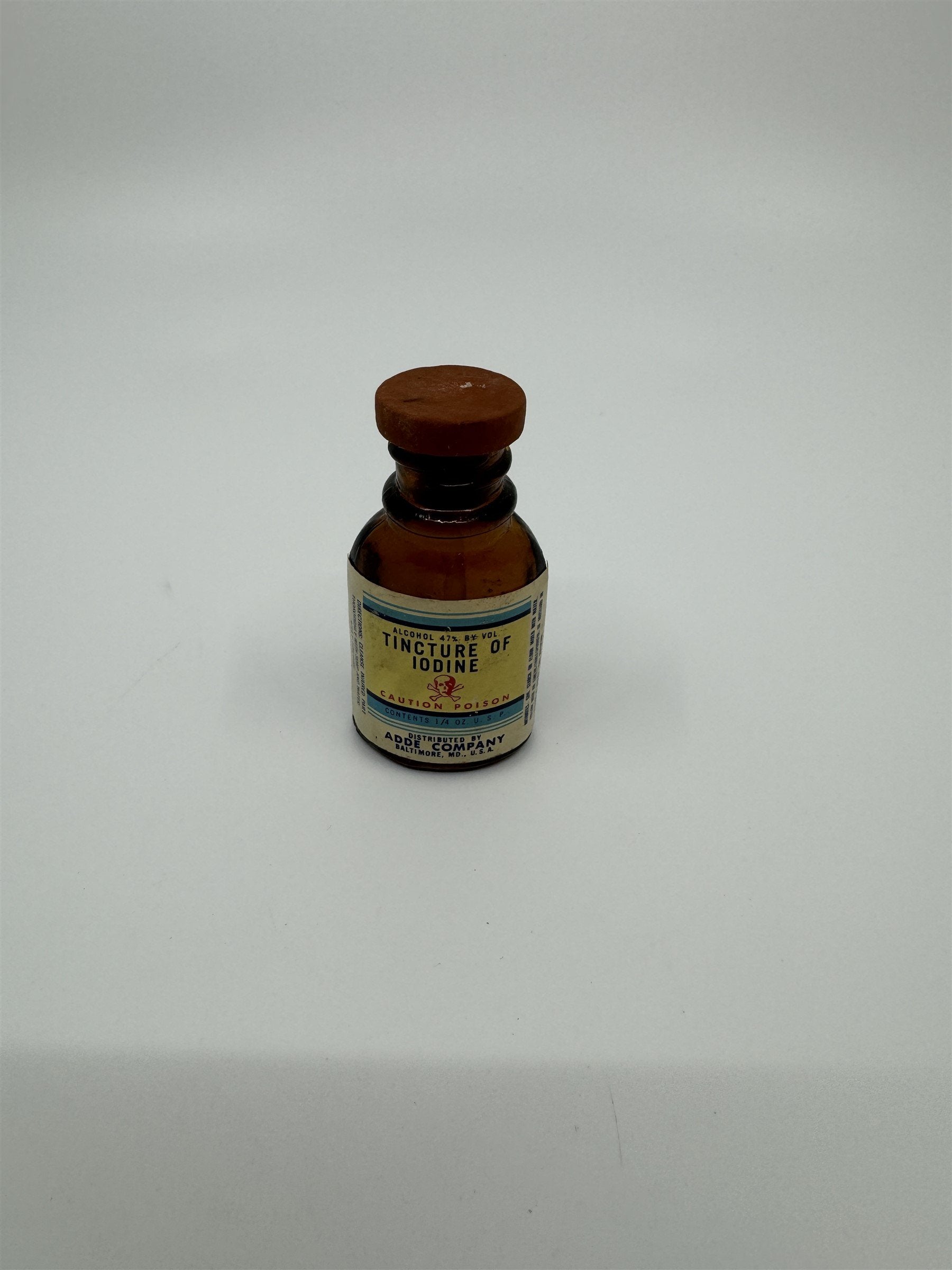 Vintage Tincture of Iodine Bottle Skull and Crossbones ADDE CO. Baltimore MD