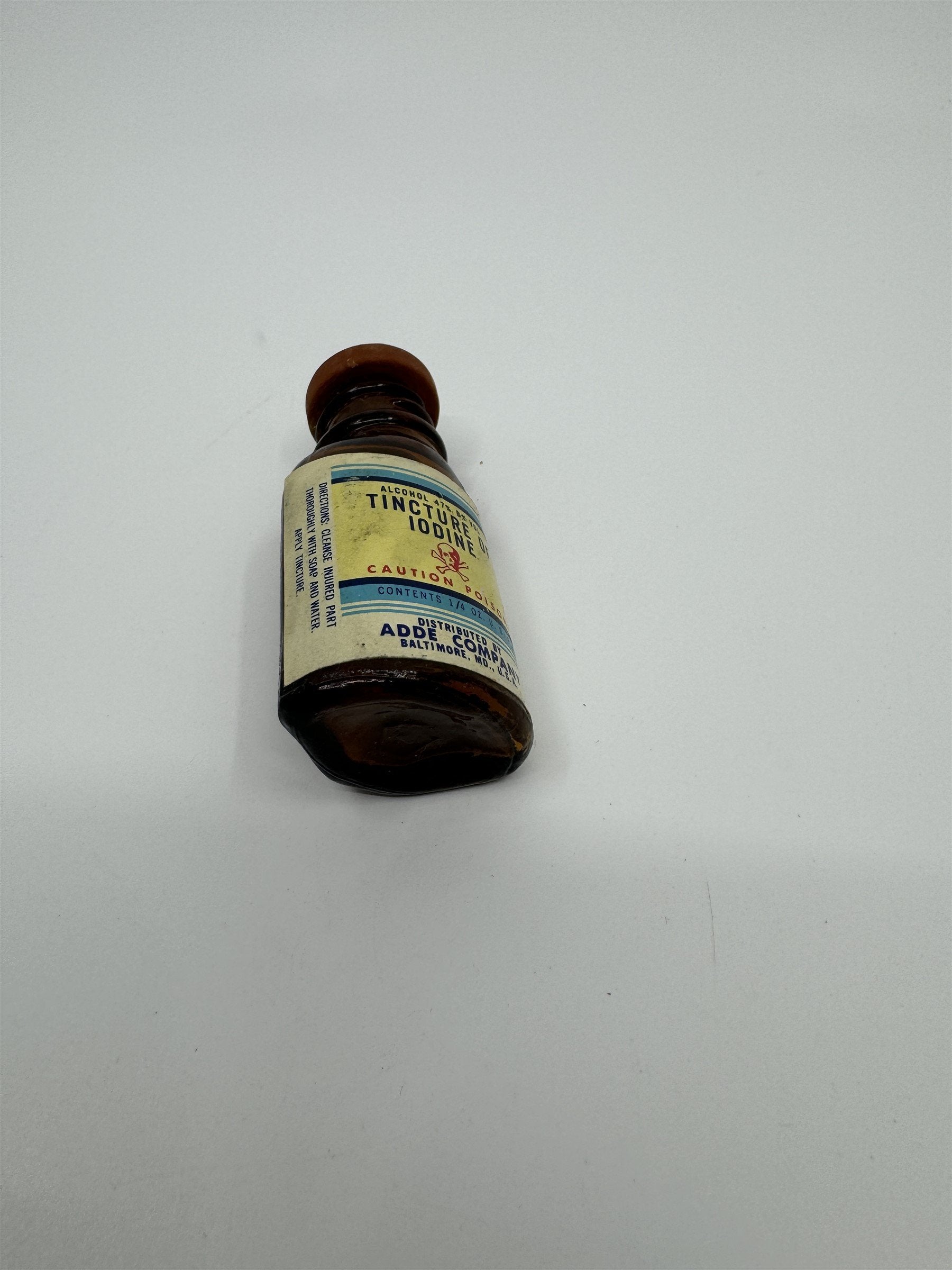 Vintage Tincture of Iodine Bottle Skull and Crossbones ADDE CO. Baltimore MD
