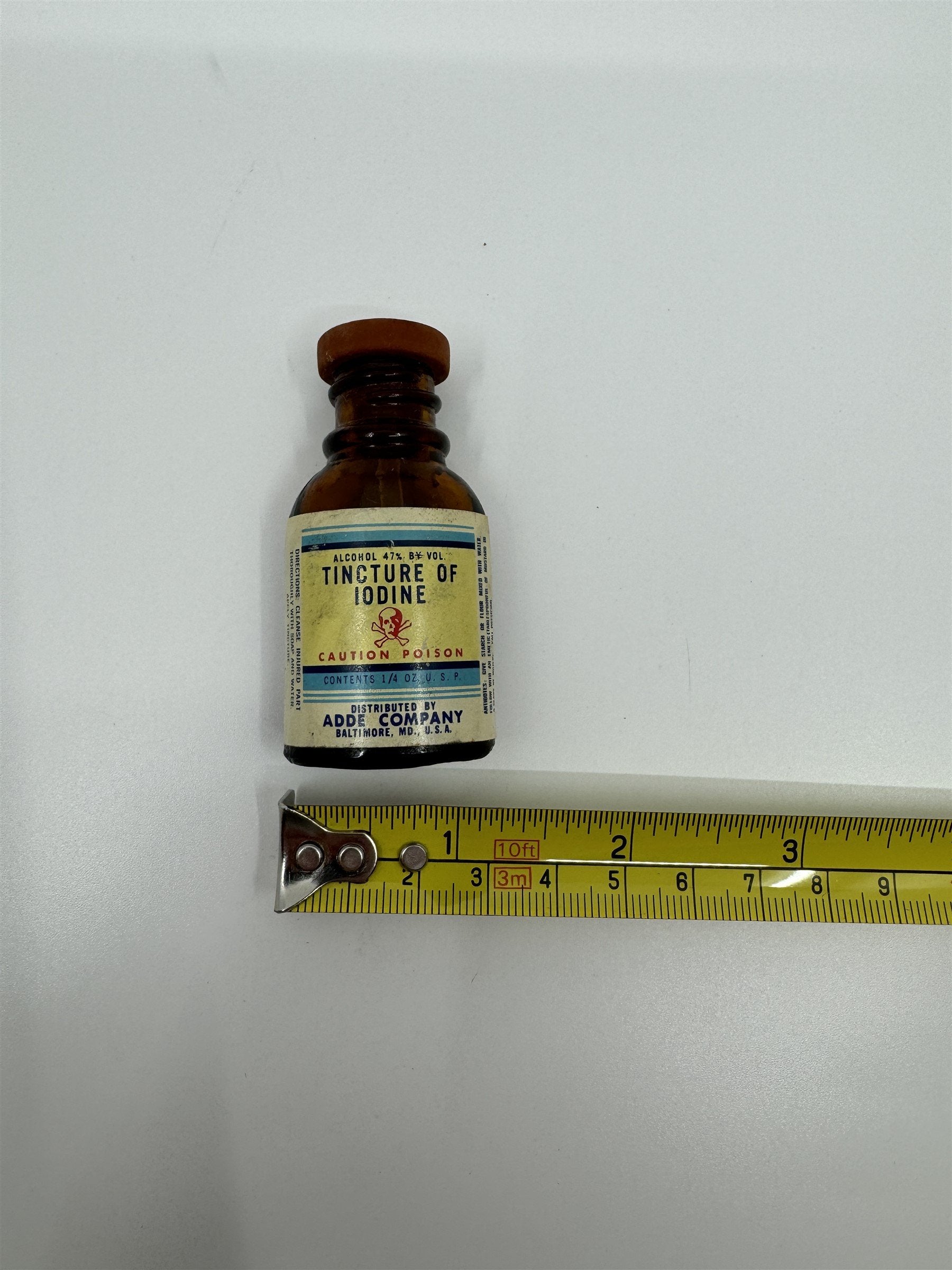 Vintage Tincture of Iodine Bottle Skull and Crossbones ADDE CO. Baltimore MD