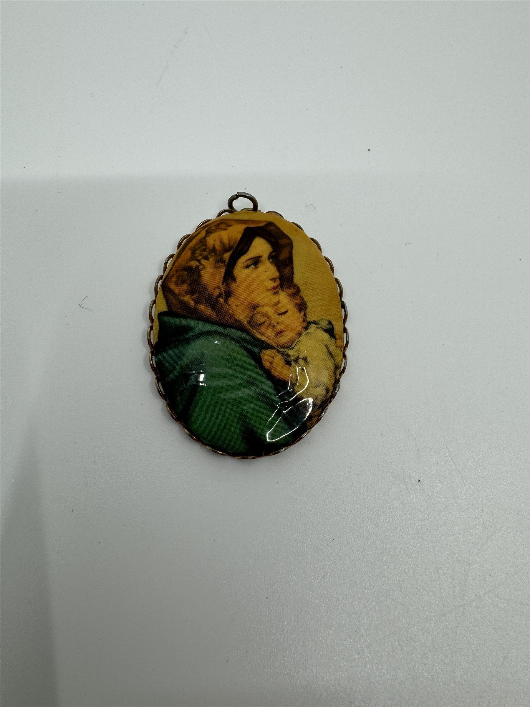 Vintage Virgin Mother Mary and Baby Jesus Child Amulet Medal for Necklace