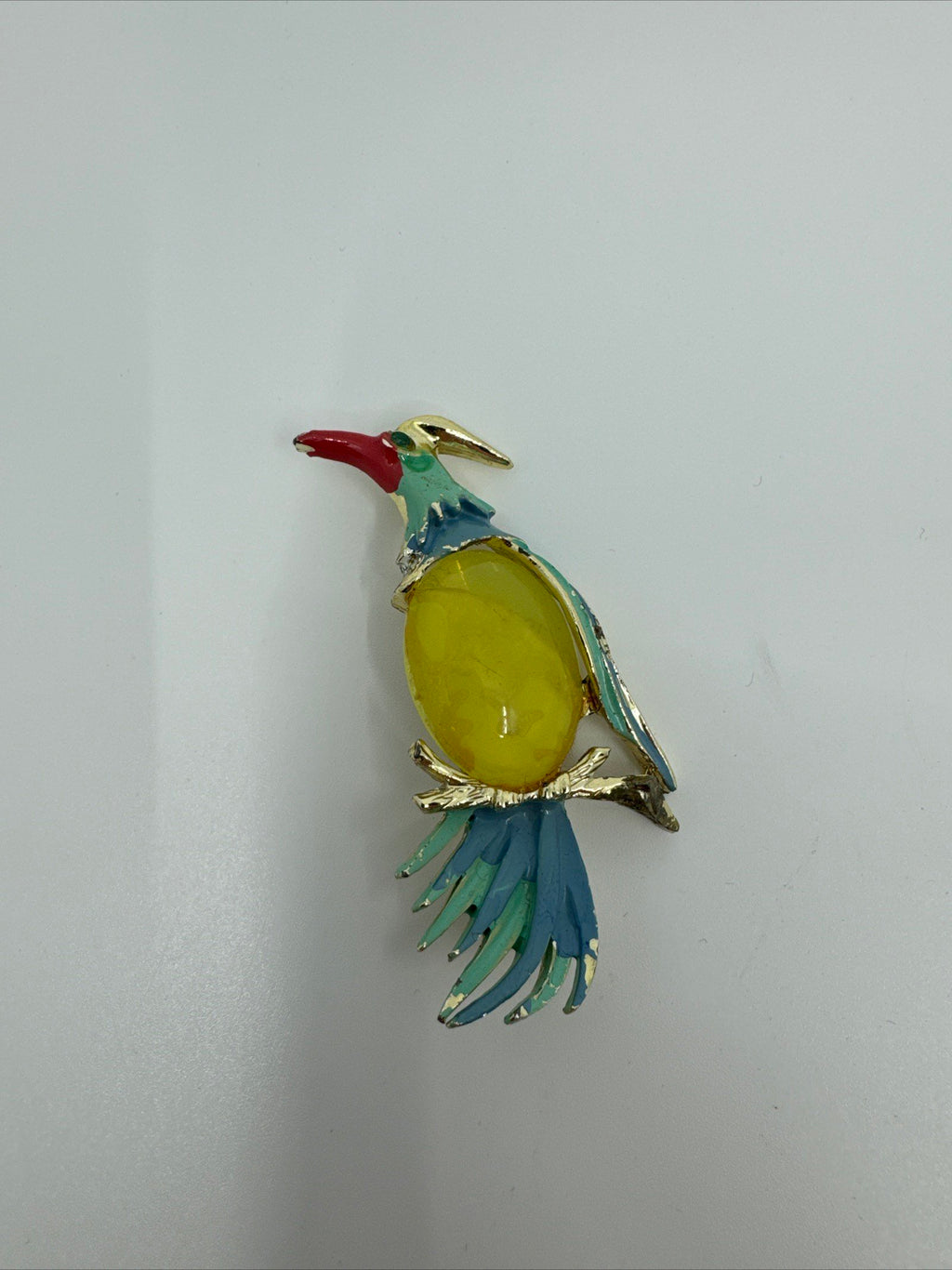 Vintage Multicollor Yellow Jelly Belly Exotic Bird of Paradise Gold Tone Brooch