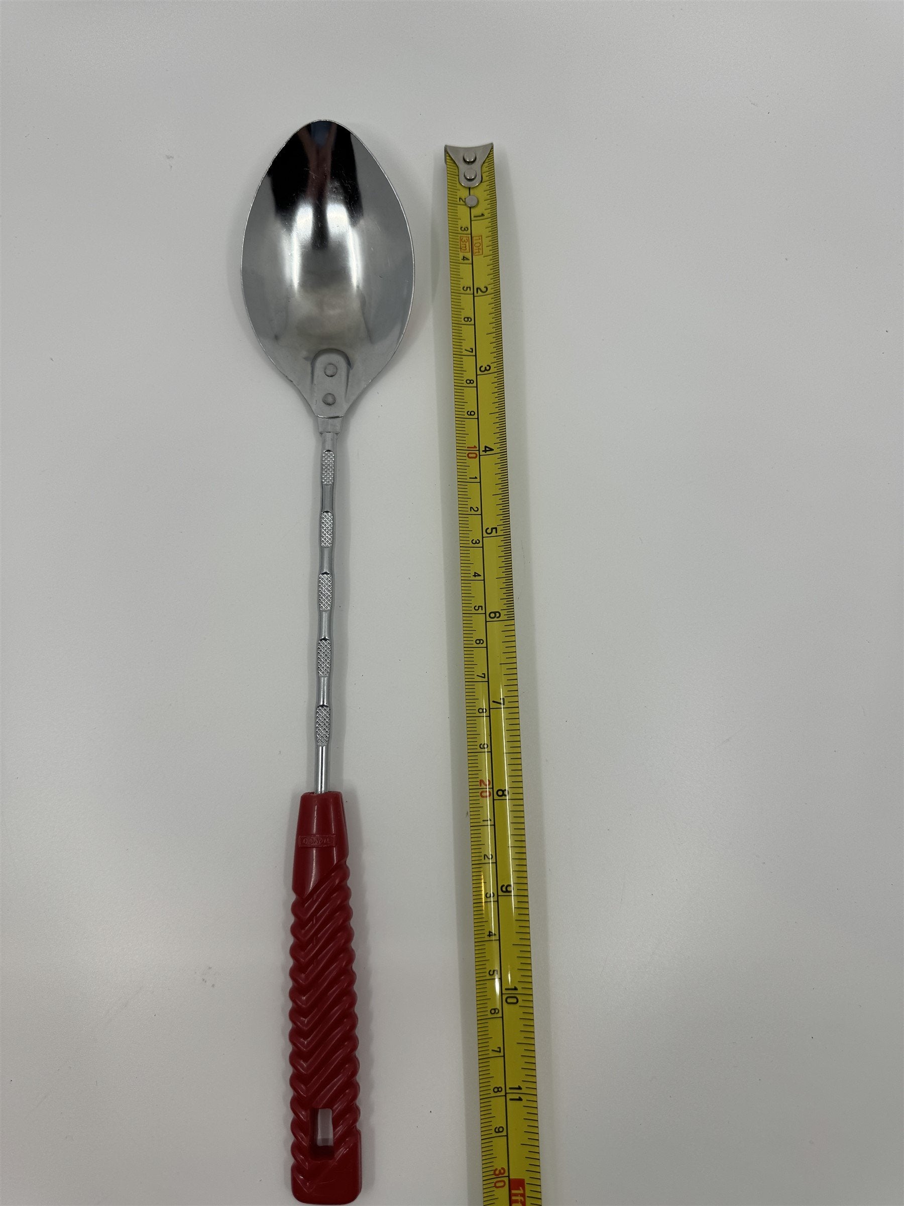 Vintage Nevco Cooking Serving Spoon Forged Stainless Steel Japan Red Handle