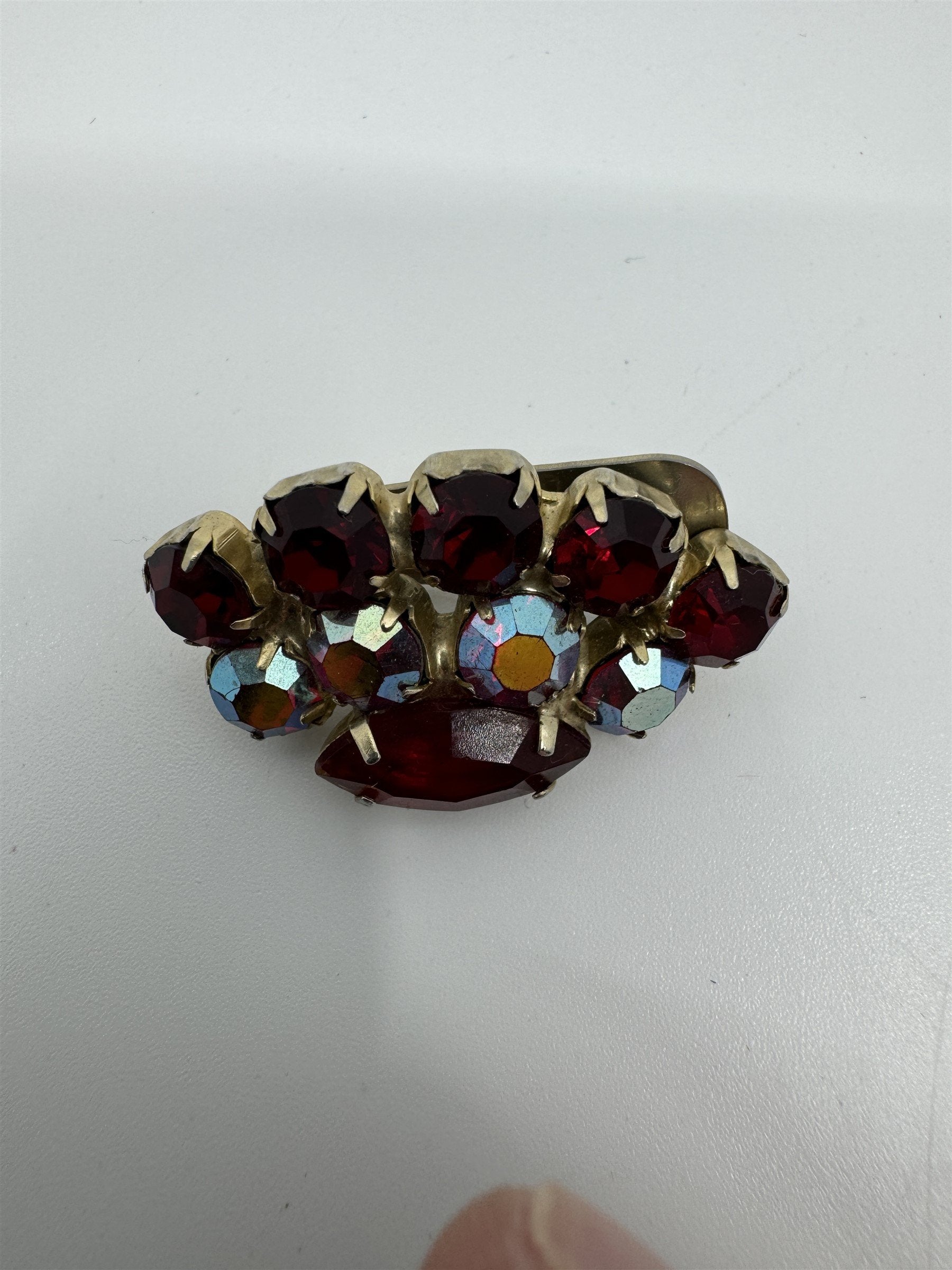 Vintage Red and Iridescent Rhinestone Accented Clip On Brooch