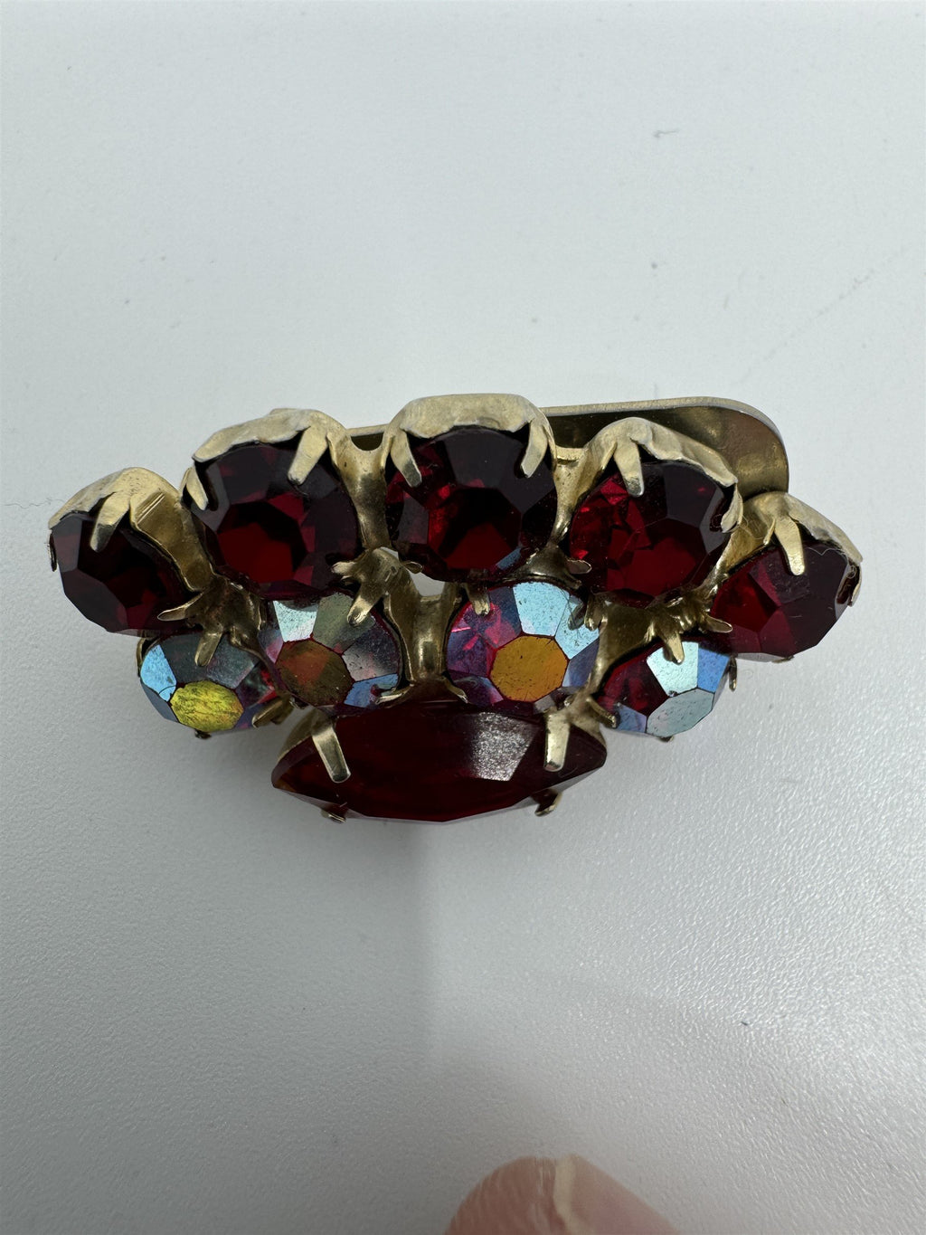 Vintage Red and Iridescent Rhinestone Accented Clip On Brooch