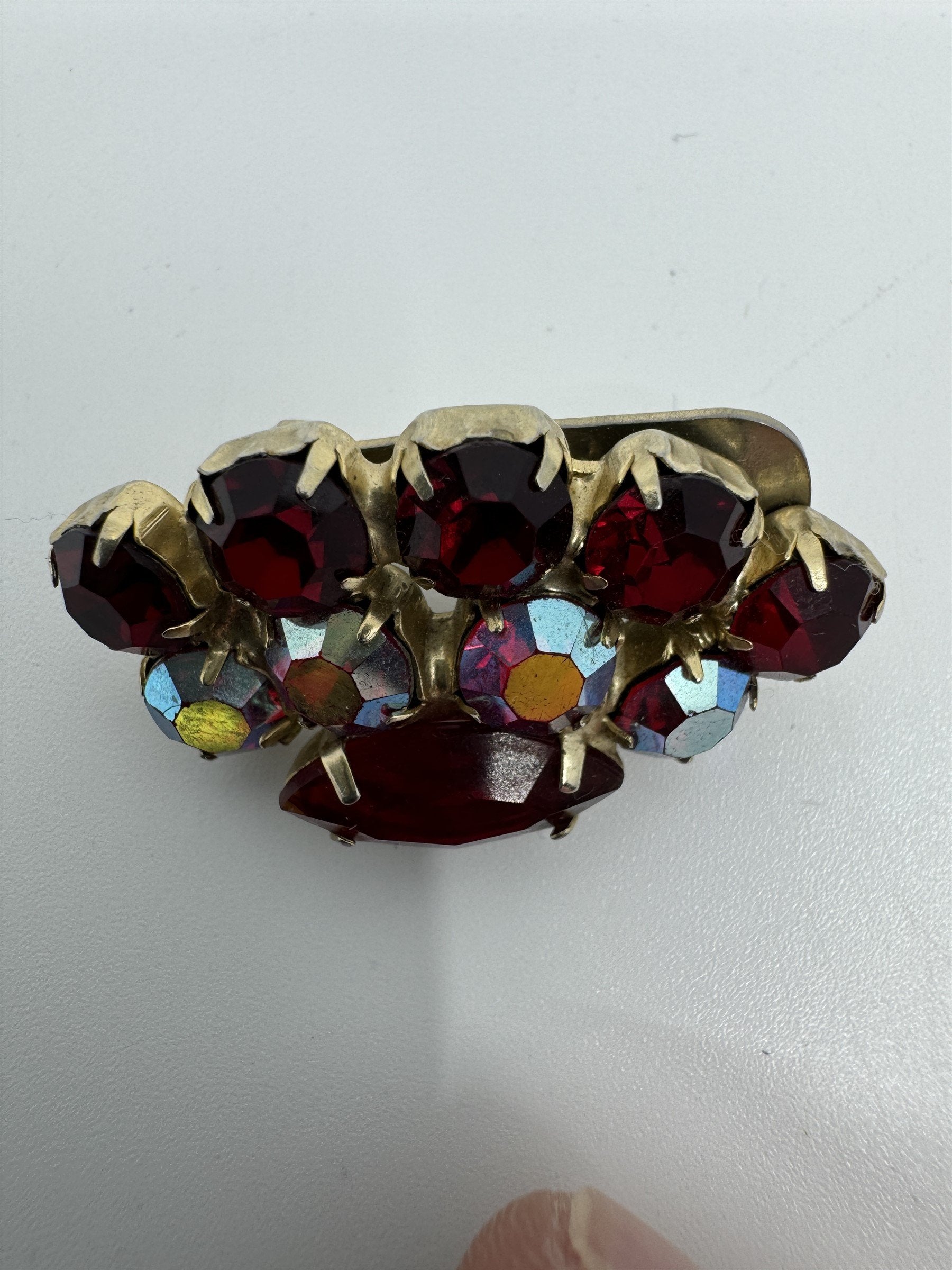 Vintage Red and Iridescent Rhinestone Accented Clip On Brooch
