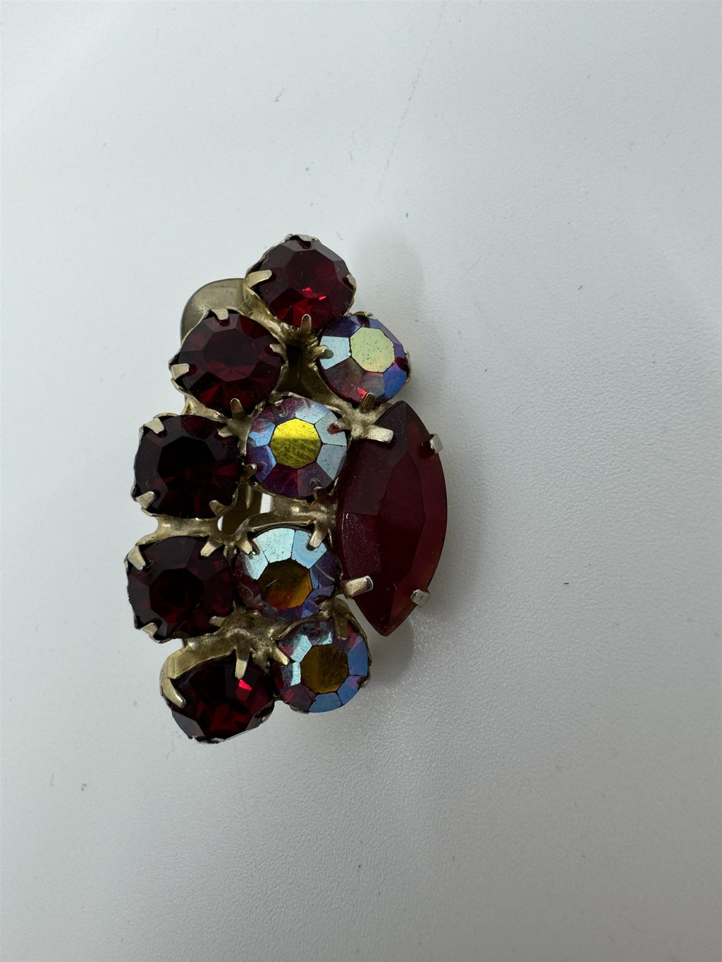 Vintage Red and Iridescent Rhinestone Accented Clip On Brooch