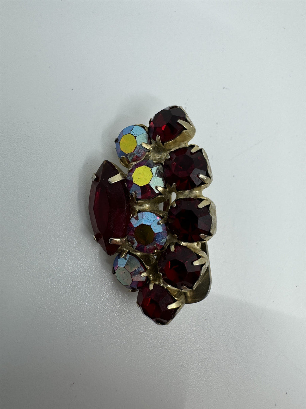Vintage Red and Iridescent Rhinestone Accented Clip On Brooch