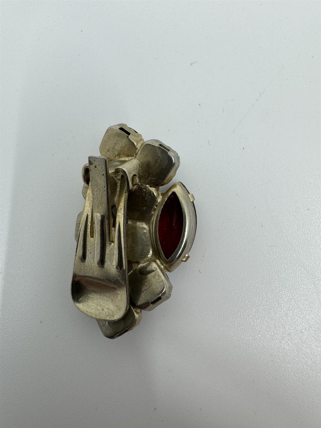 Vintage Red and Iridescent Rhinestone Accented Clip On Brooch