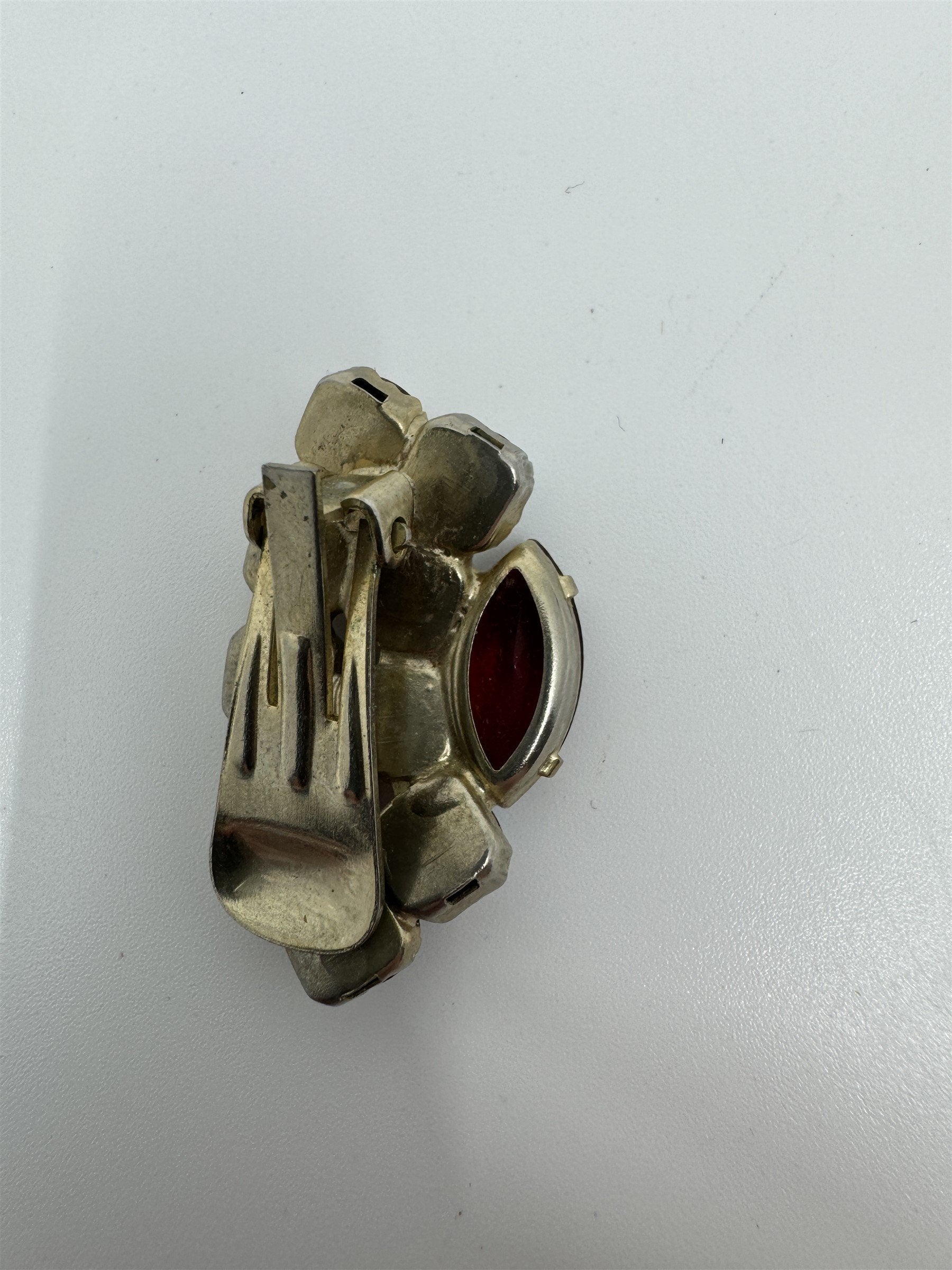 Vintage Red and Iridescent Rhinestone Accented Clip On Brooch