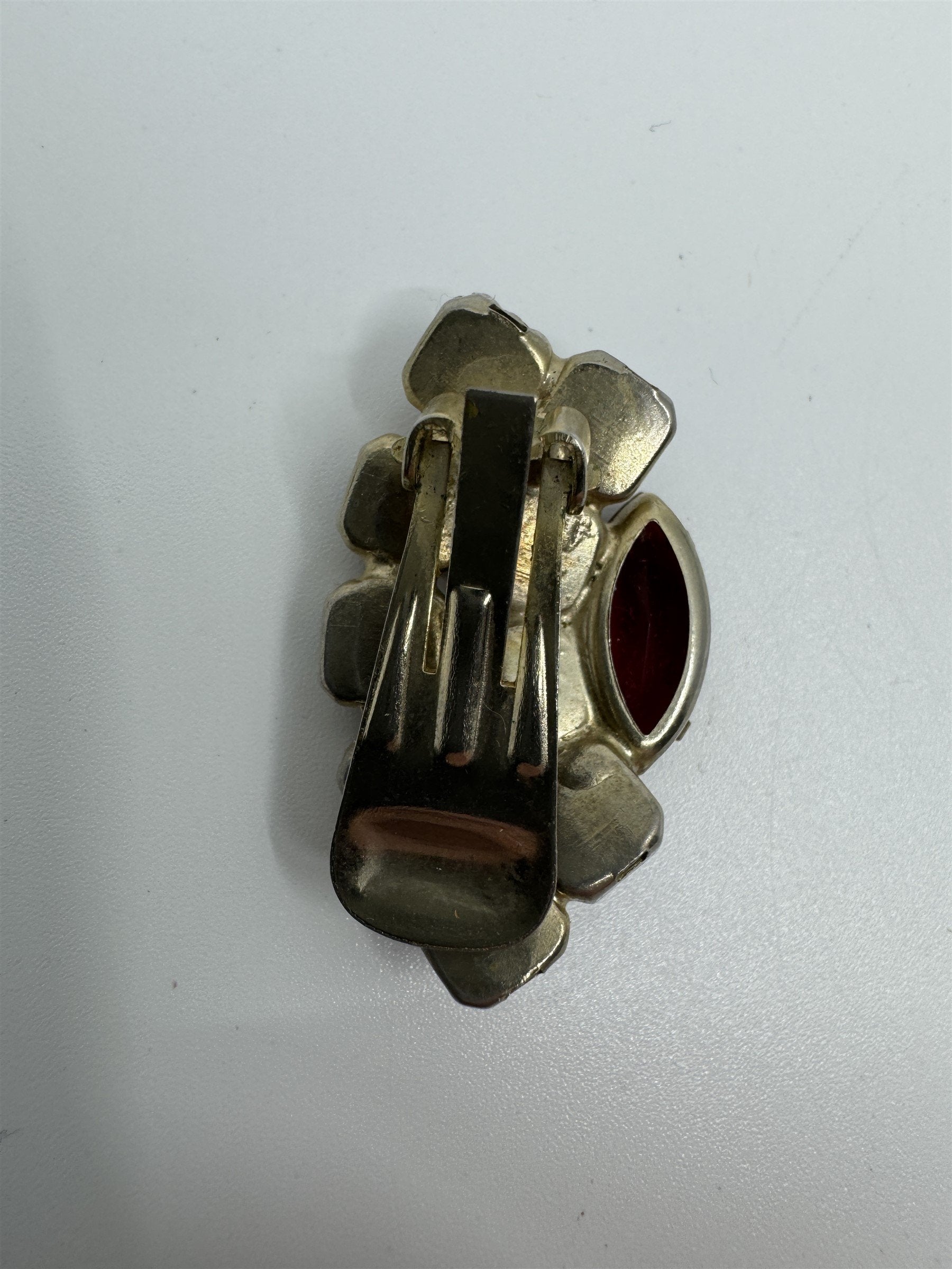 Vintage Red and Iridescent Rhinestone Accented Clip On Brooch